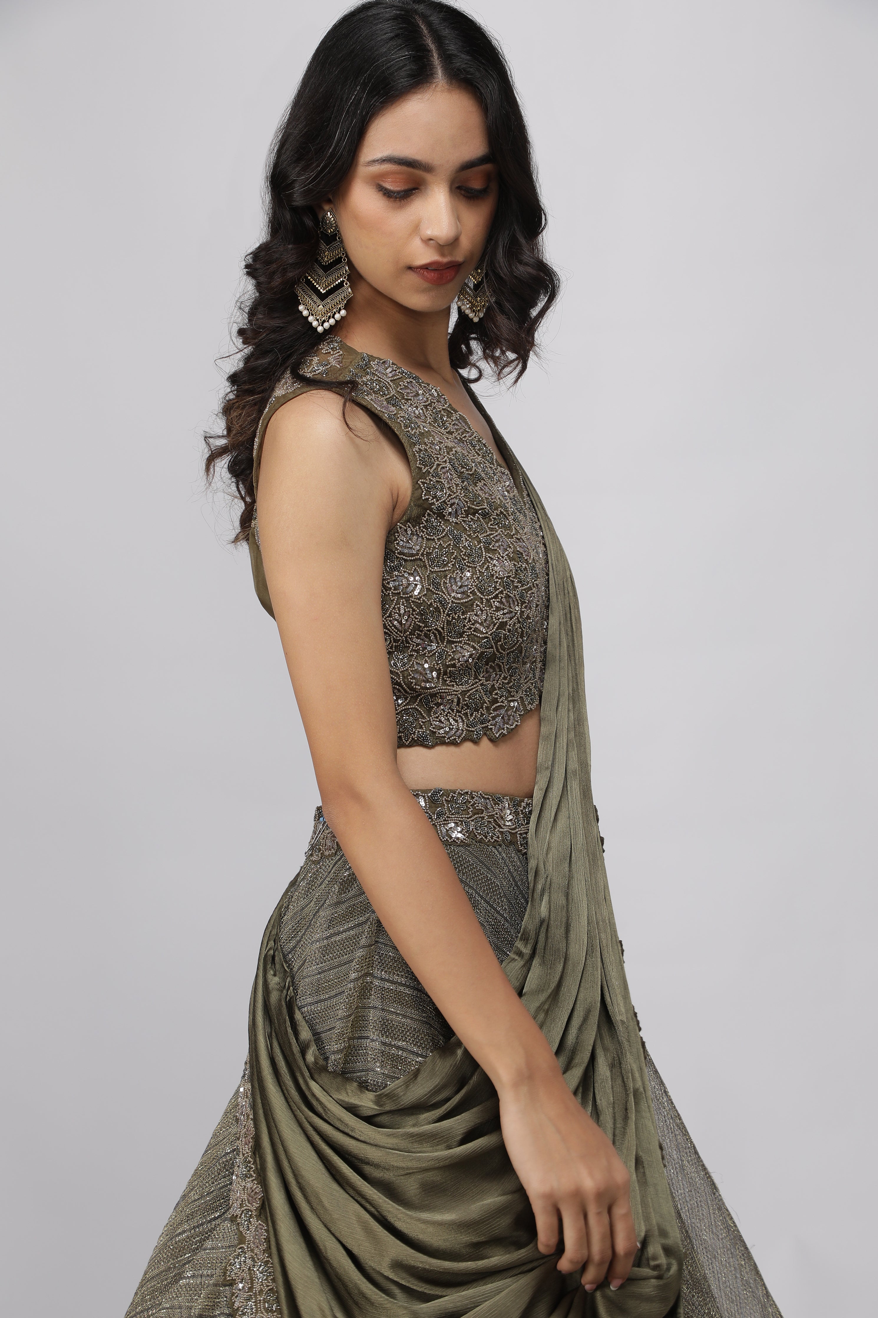 Olive Green Embroidered Lehenga set
