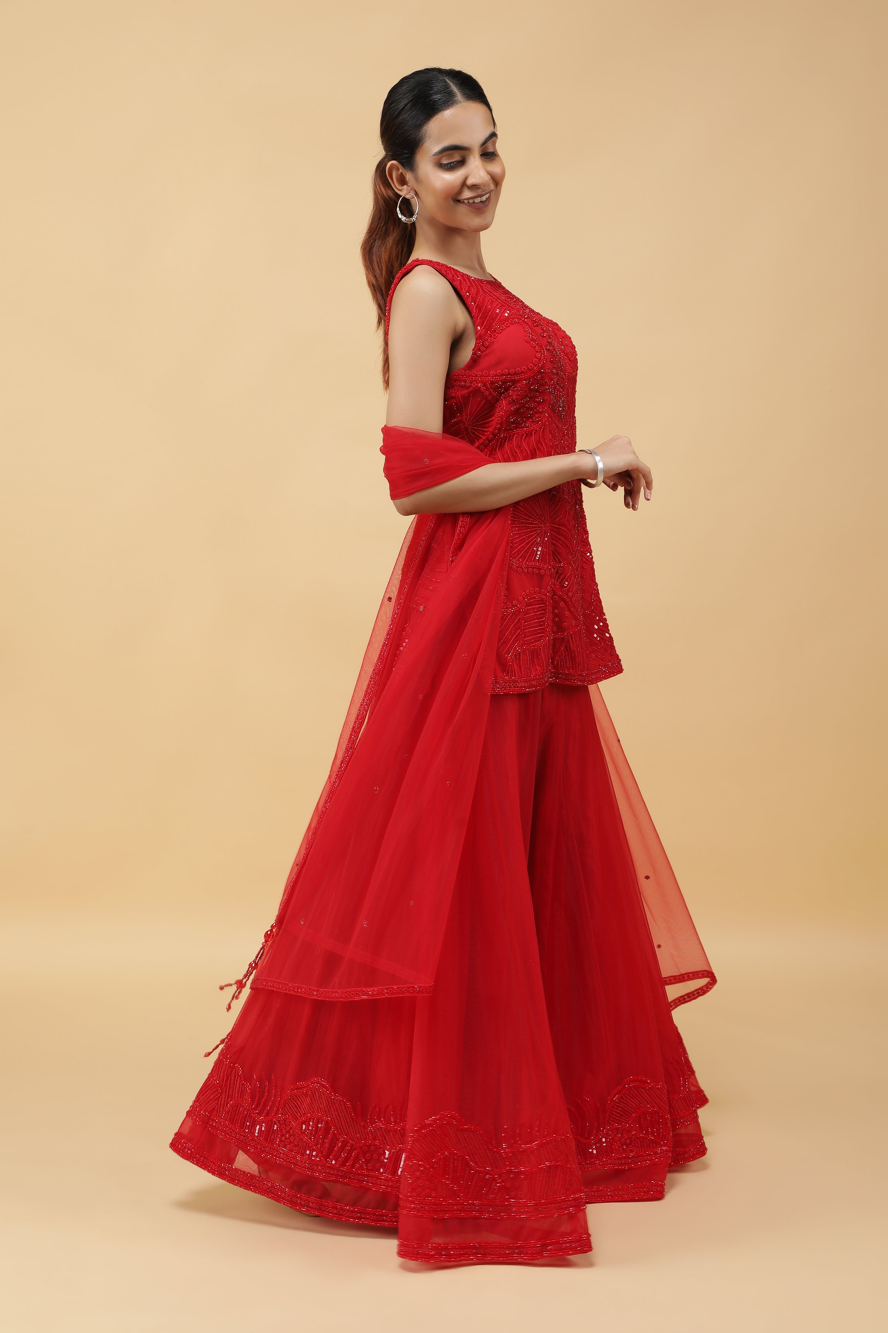 Elegant Red Net Sharara Set with Sequins, Kutdana & Pearl Embroidery