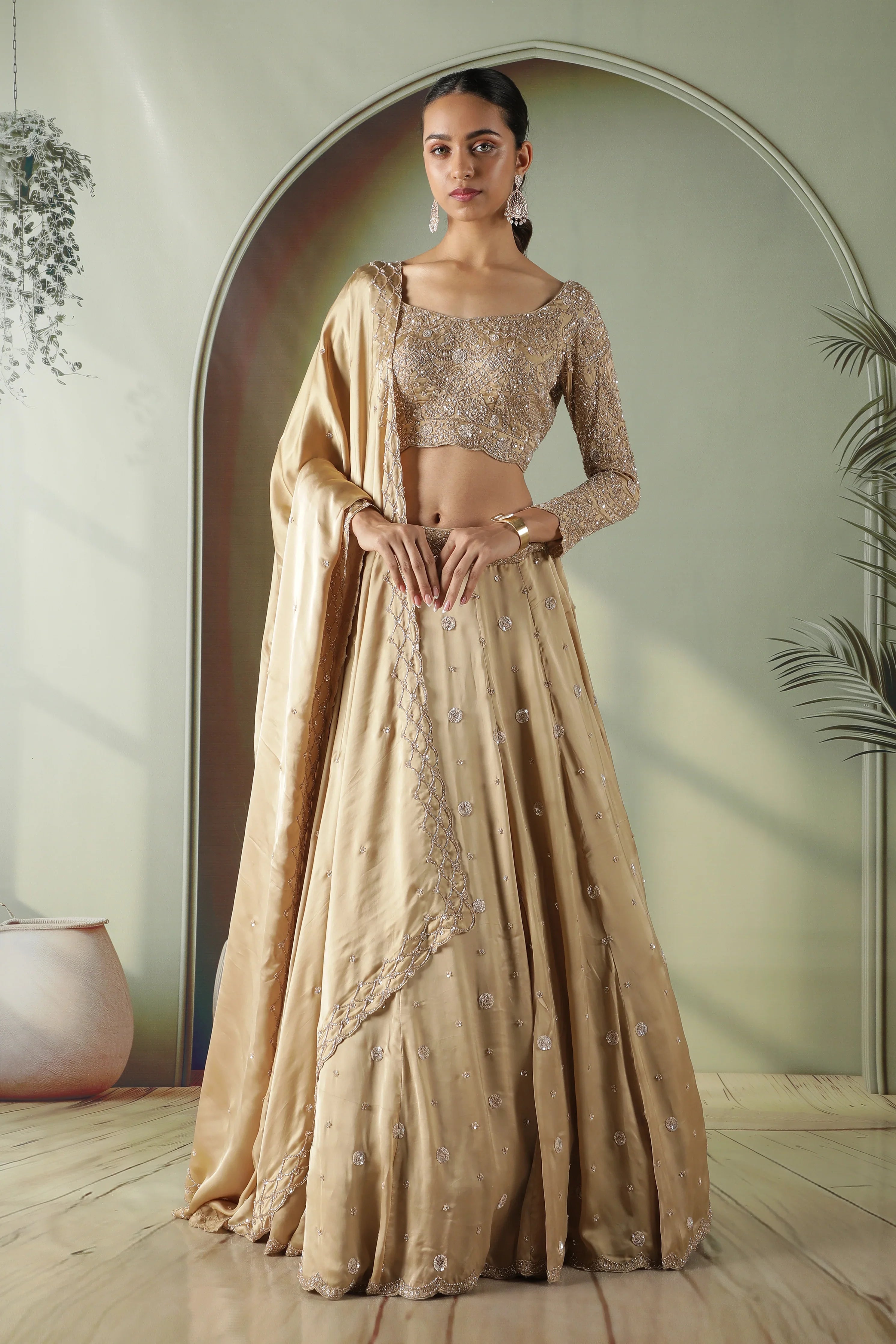 Gold Satin Silk Lehenga Set | Mokshaa