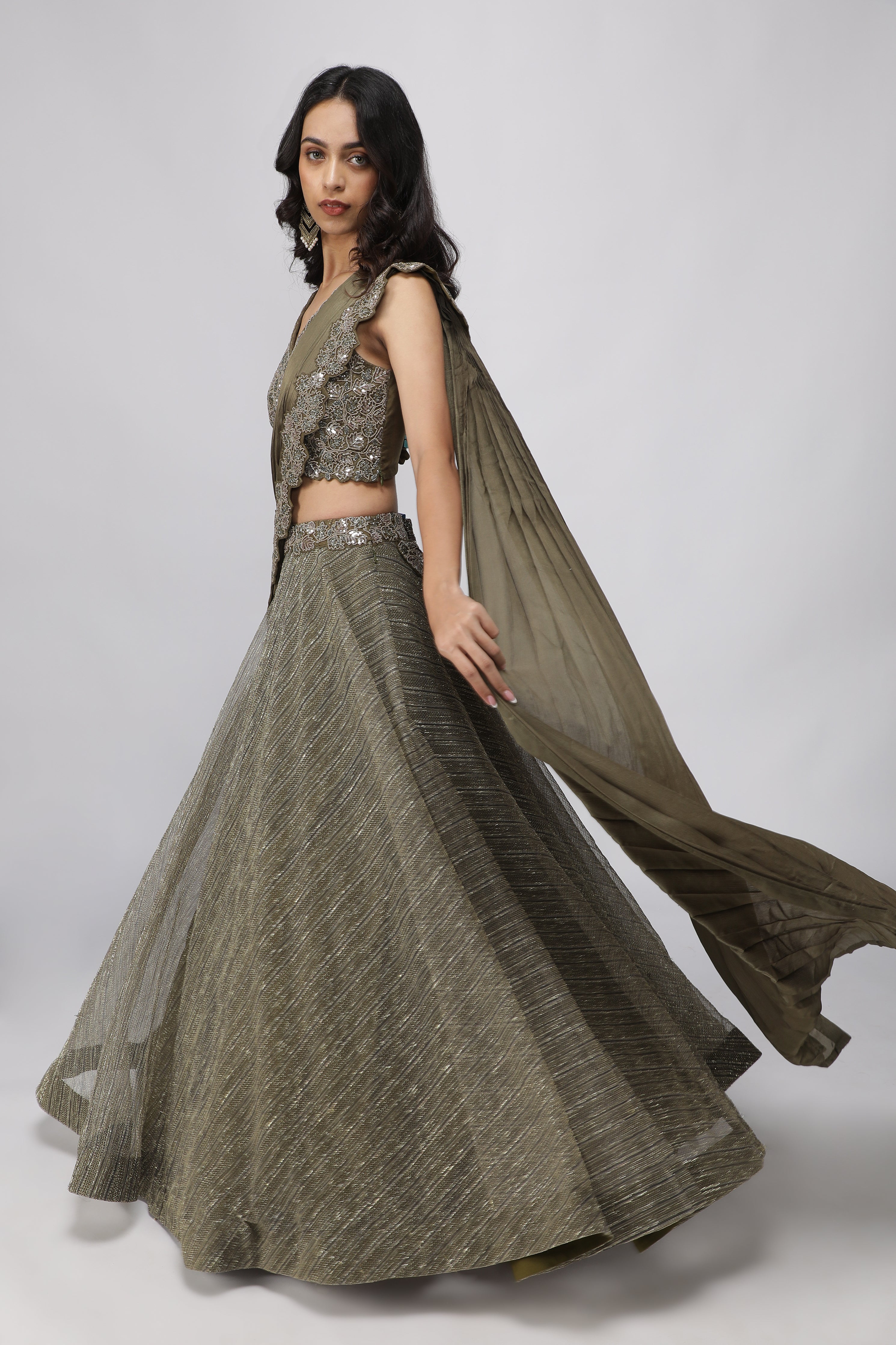 Olive Green Embroidered Lehenga set