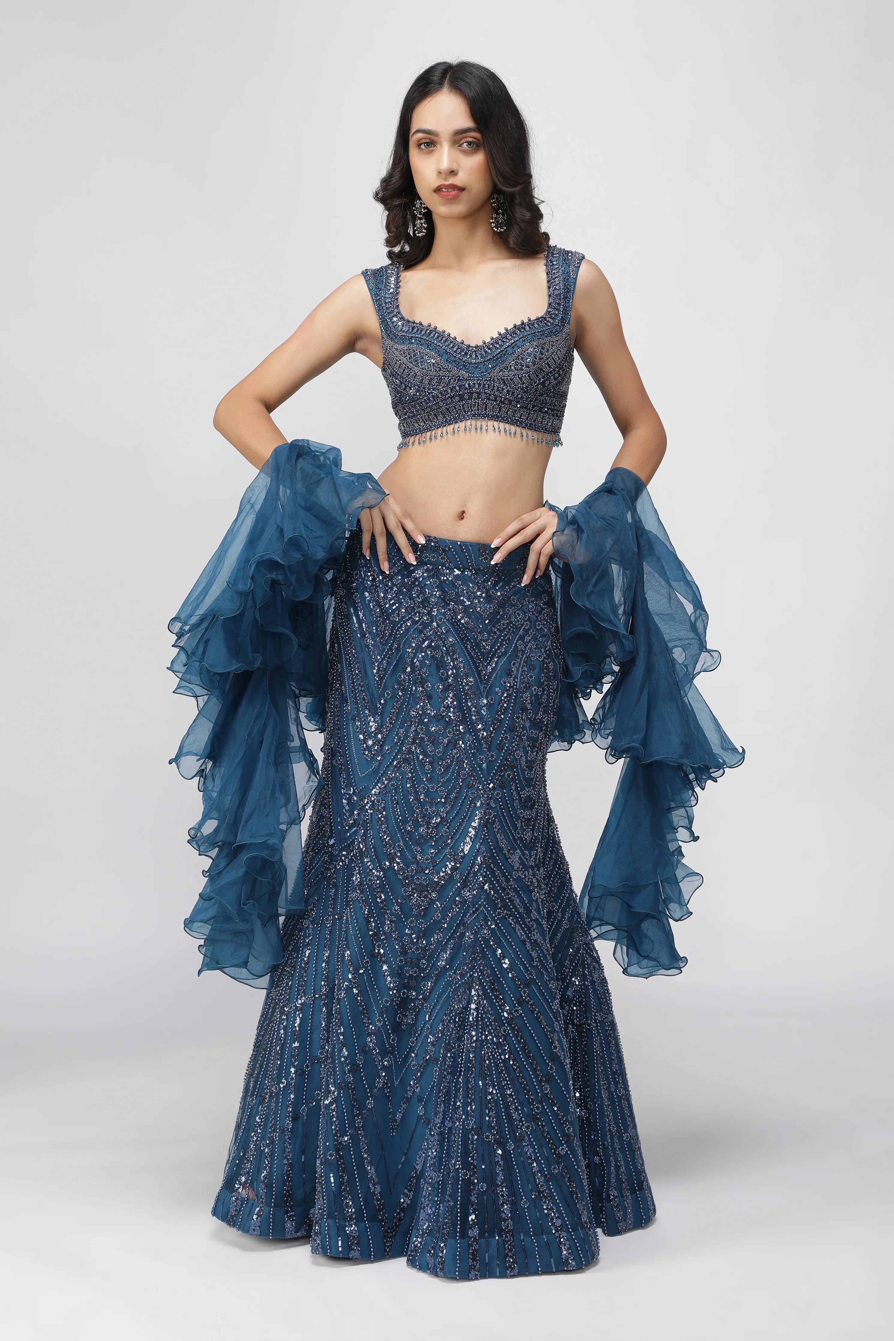 Electric Blue Net Mermaid Cut Lehenga Set | Mokshaa