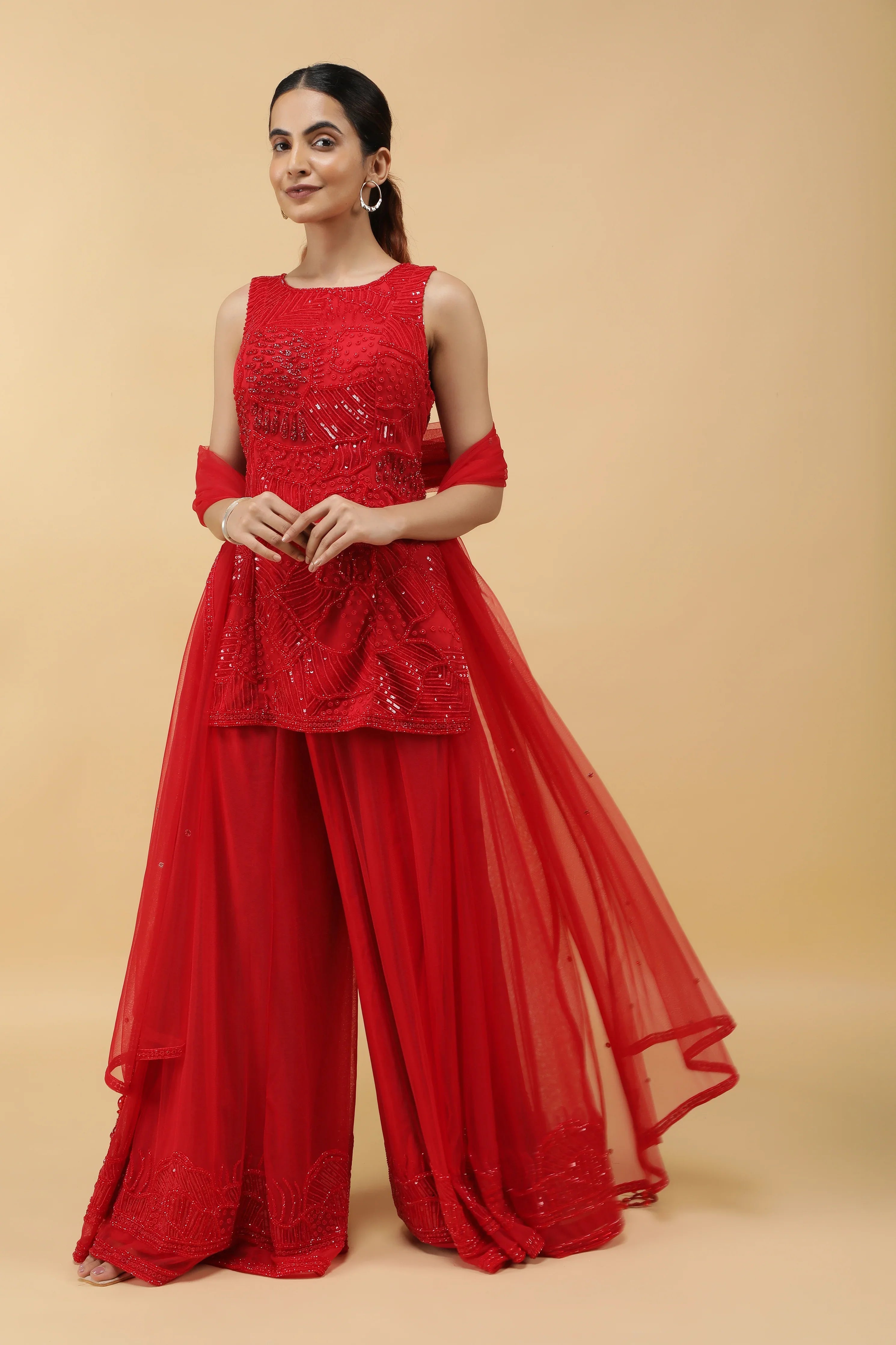 Elegant Red Net Sharara Set with Sequins, Kutdana & Pearl Embroidery | Mokshaa