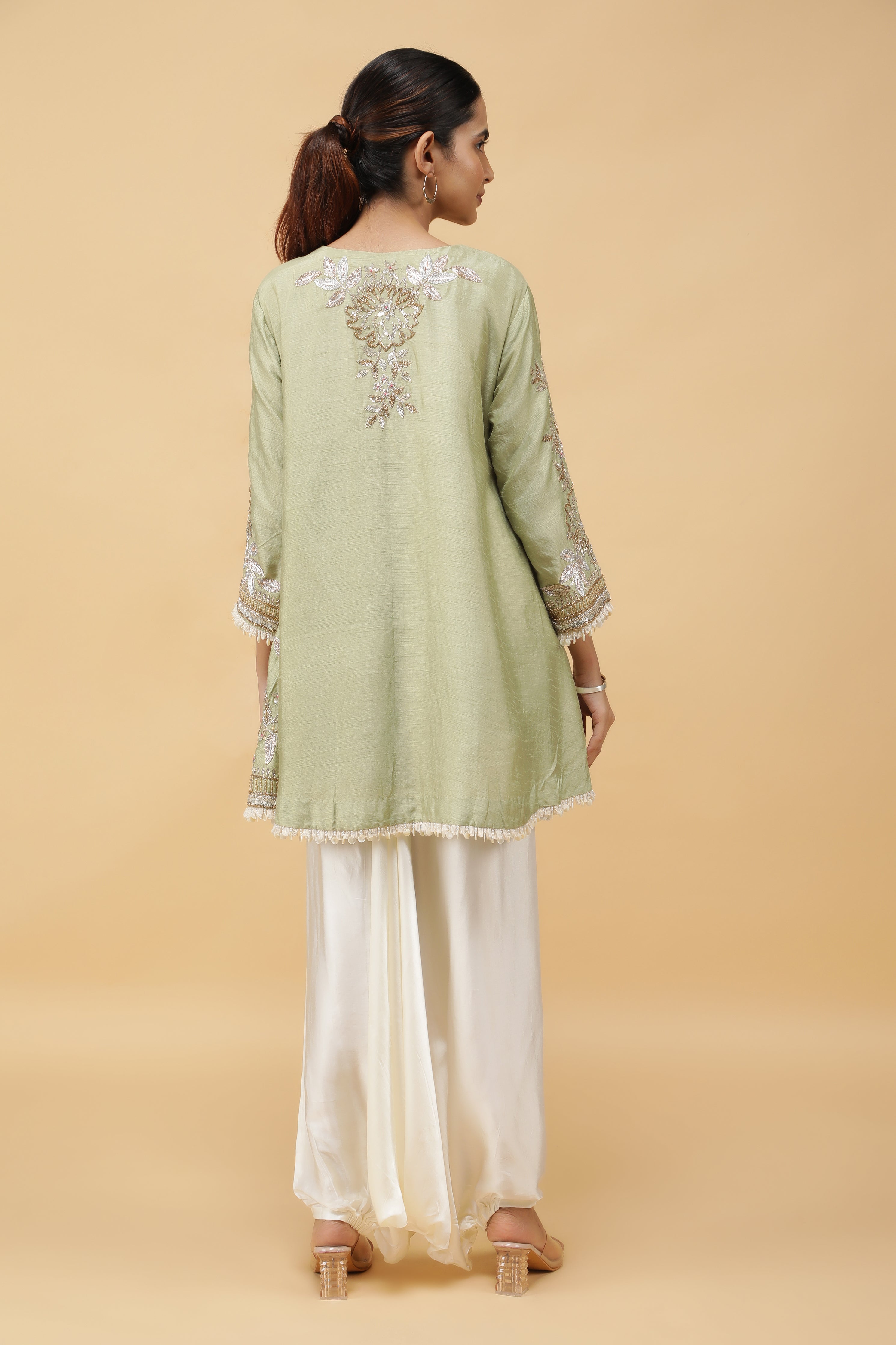 Pastel Green Silk Kurta Set with Ivory Dhoti Pants