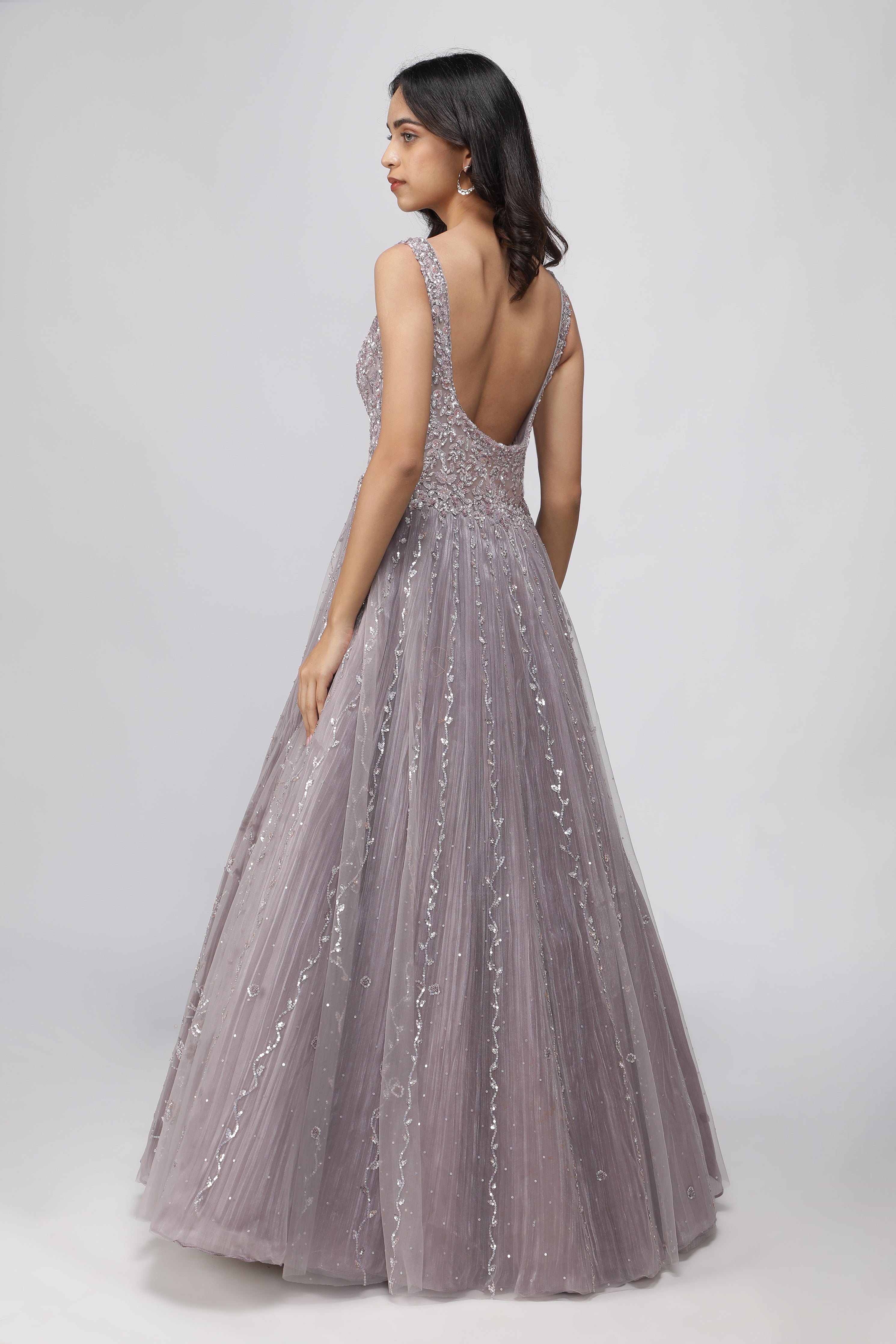 Lavender Net Gown with Pearl and Sequin Embroidery