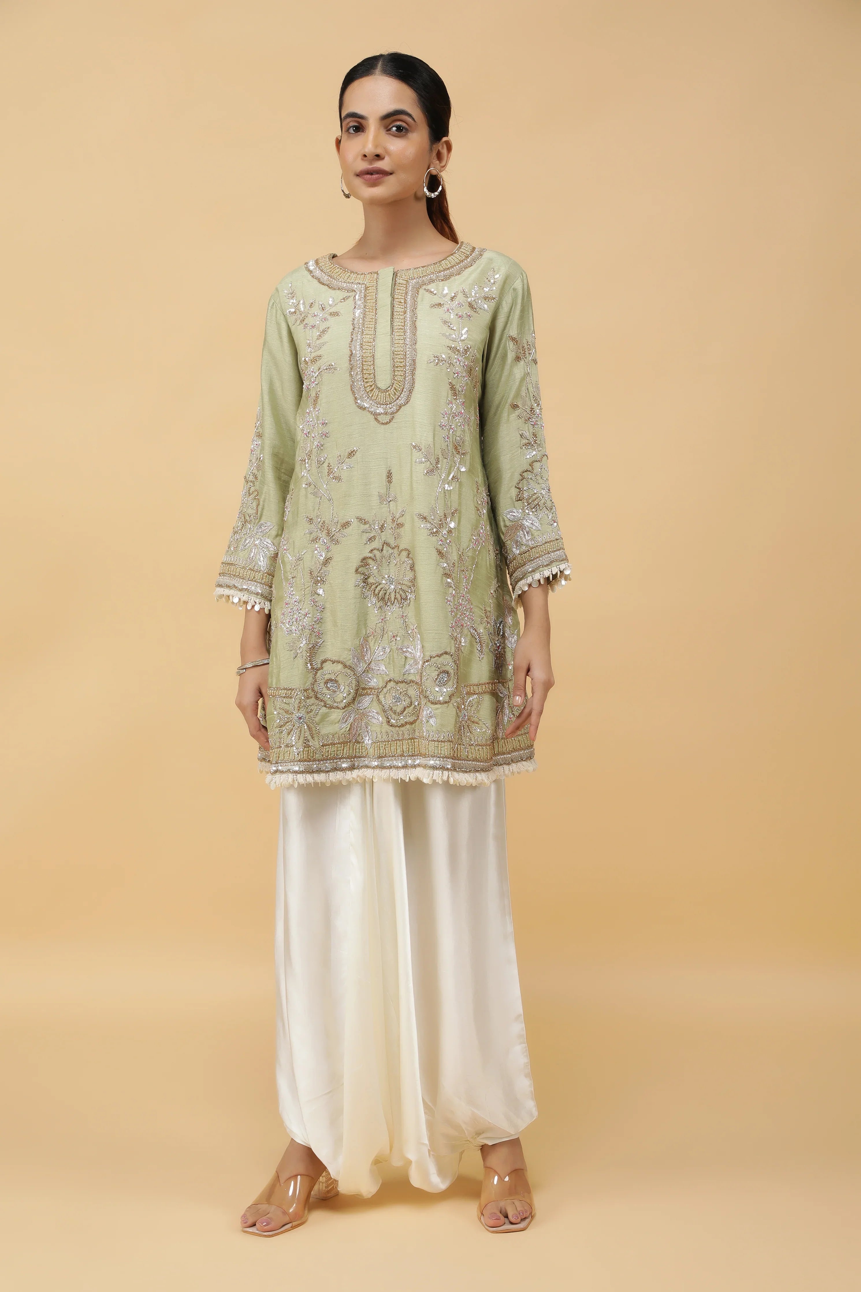 Pastel Green Silk Kurta Set with Ivory Dhoti Pants | Mokshaa