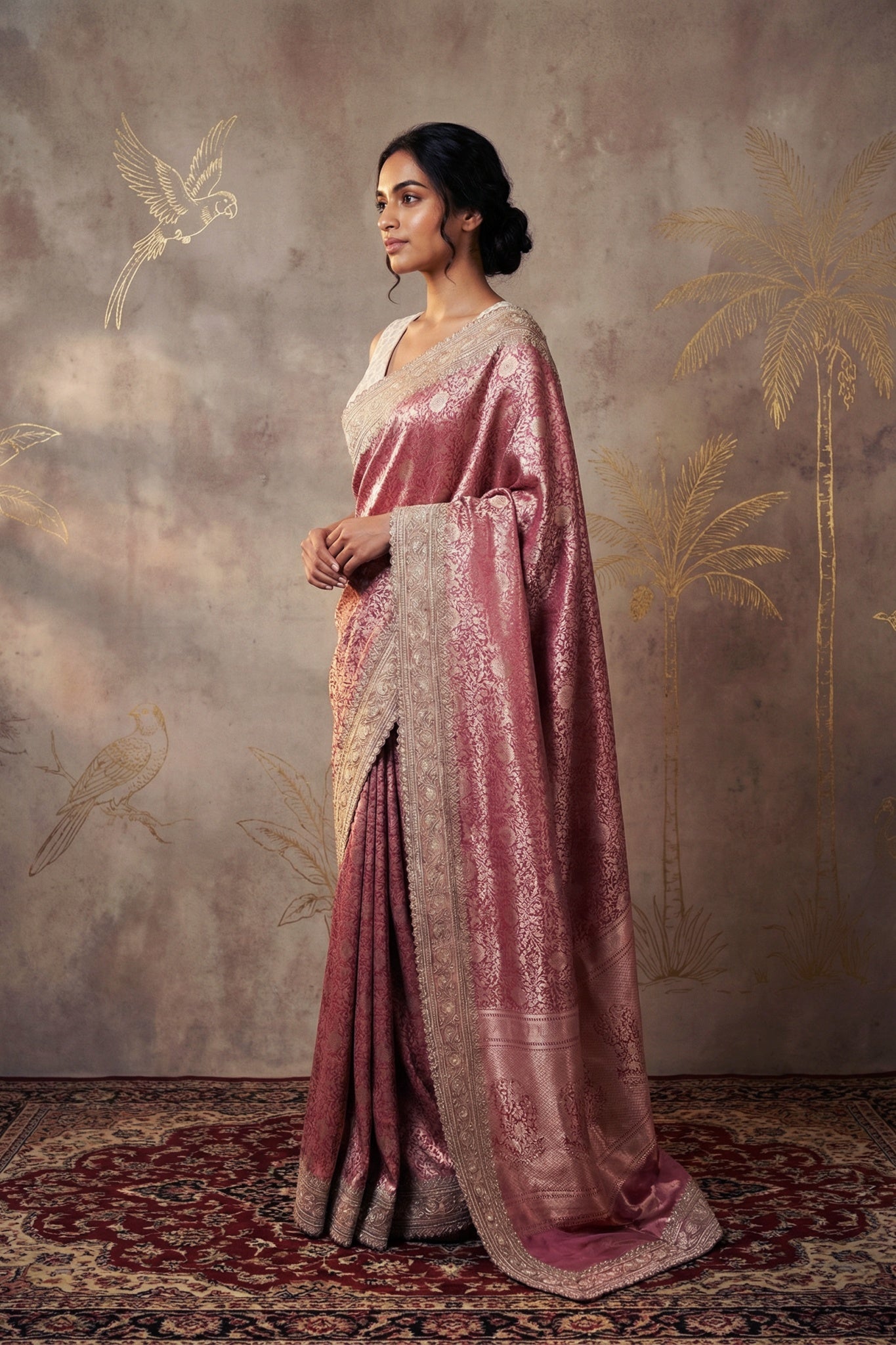 Pink Banarasi Silk Saree with Jaal Zari & Pearl Embellished Border