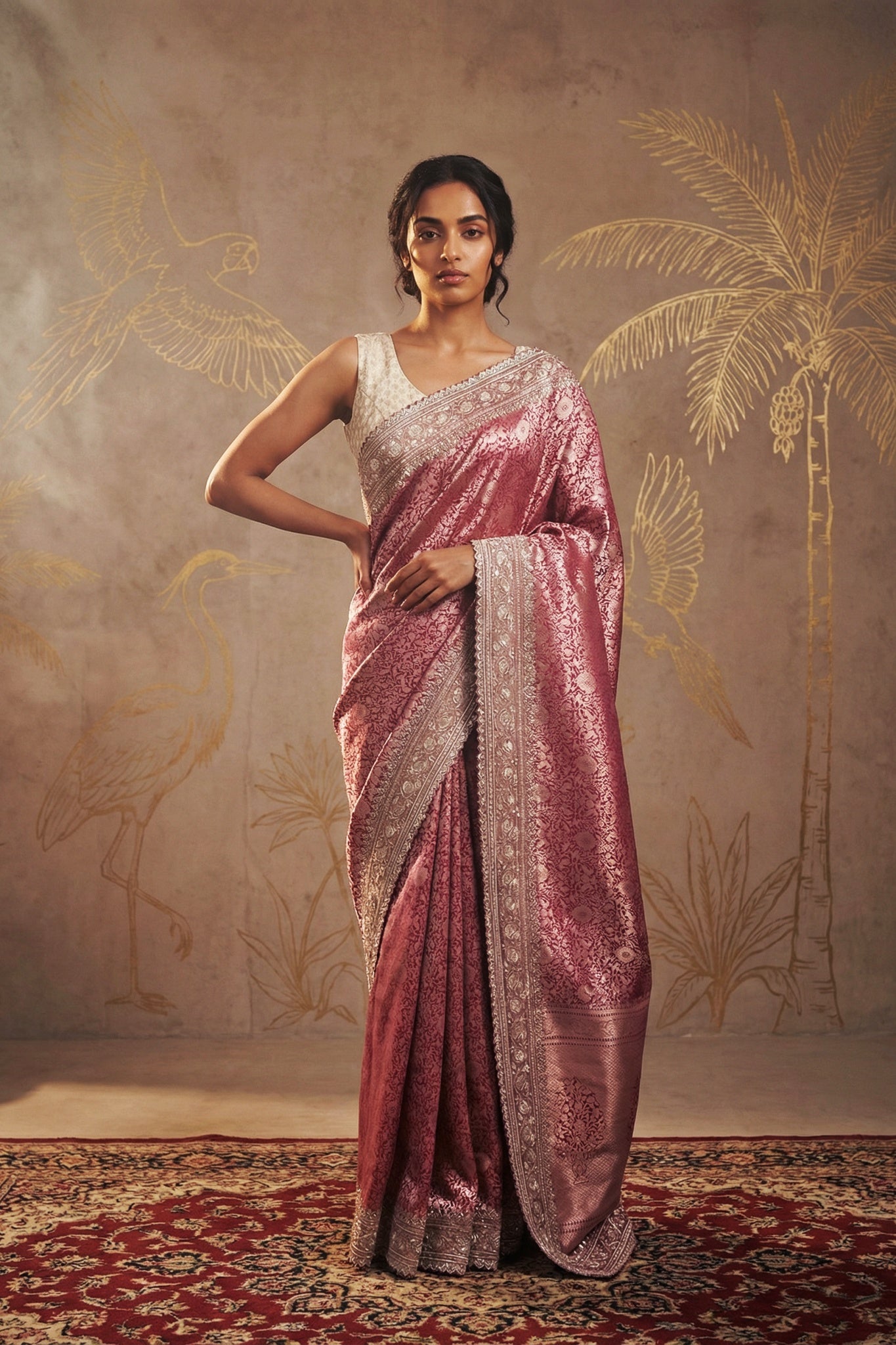 Pink Banarasi Silk Saree with Jaal Zari & Pearl Embellished Border - Mokshaa