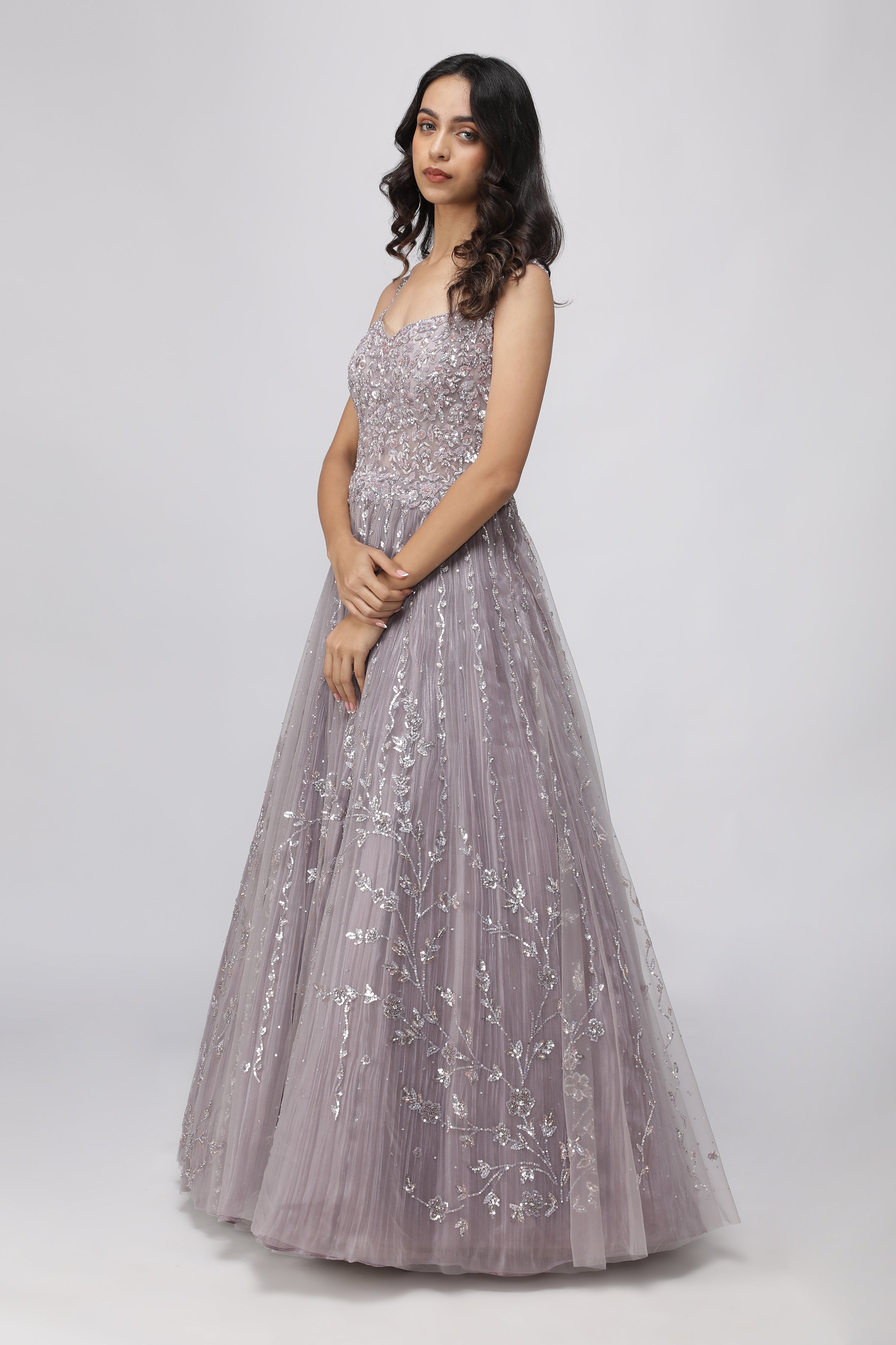 Lavender Net Gown with Pearl and Sequin Embroidery