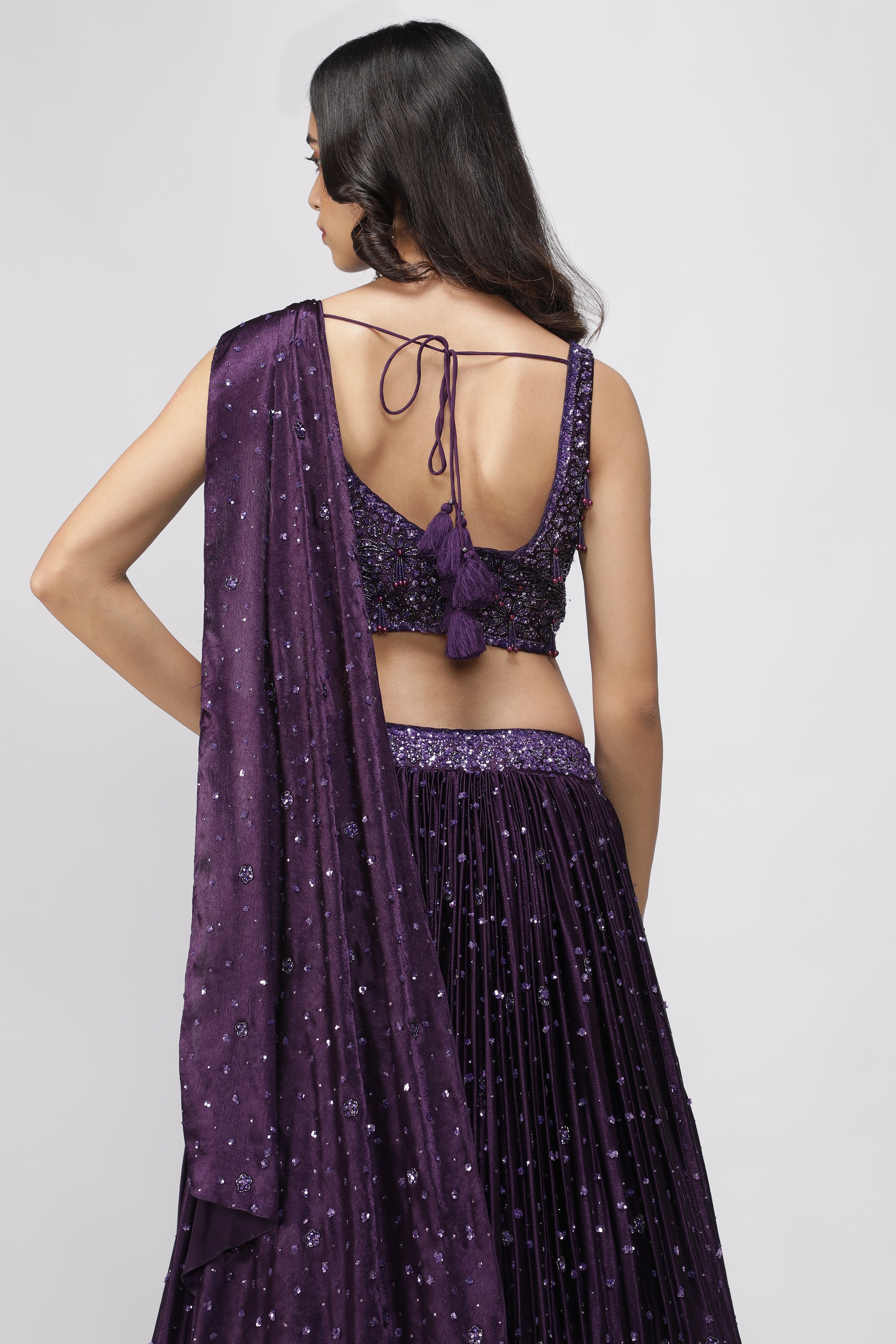 Wine Silk Drape Lehenga Set