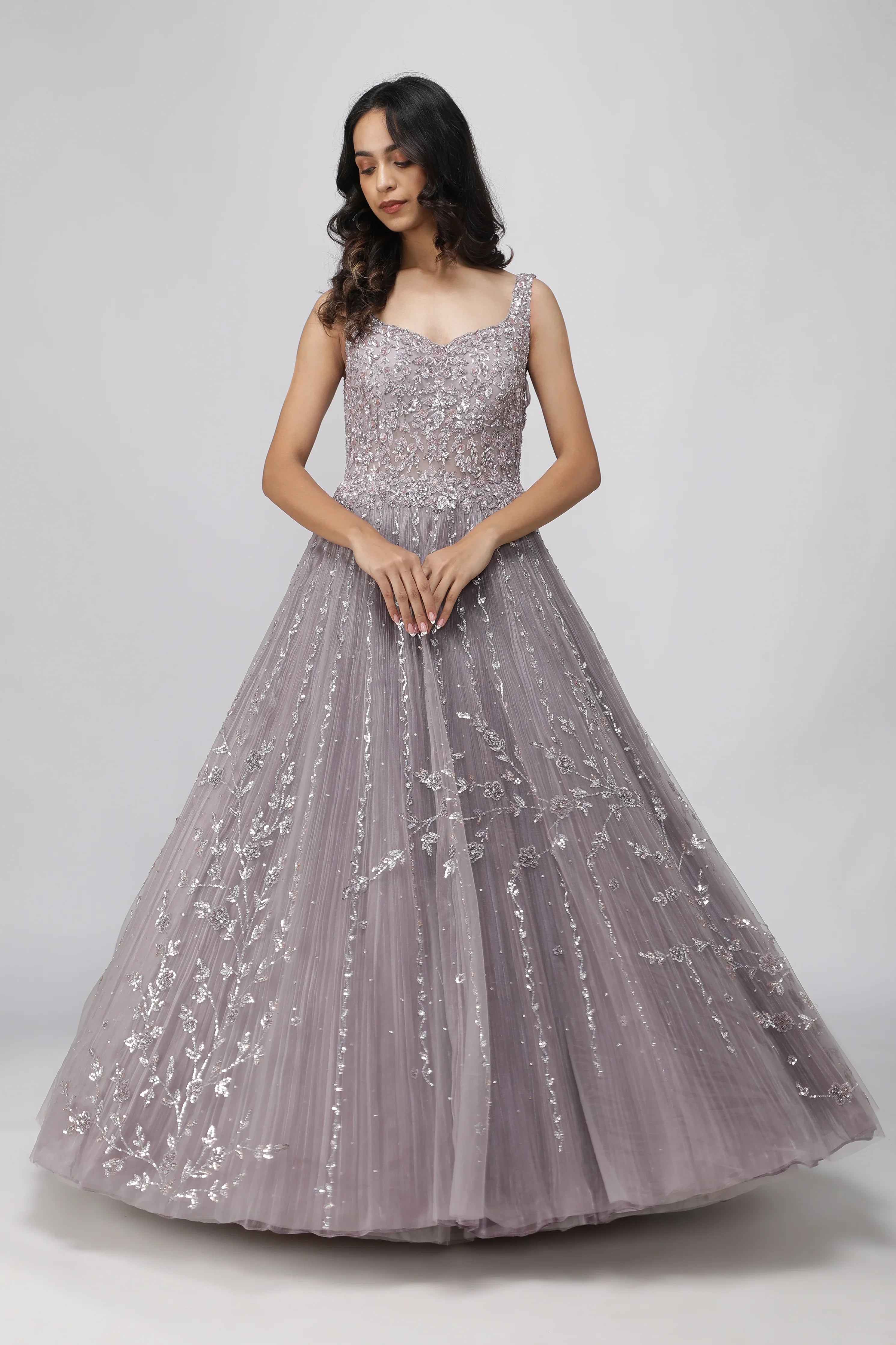 Lavender Net Gown with Pearl and Sequin Embroidery | Mokshaa