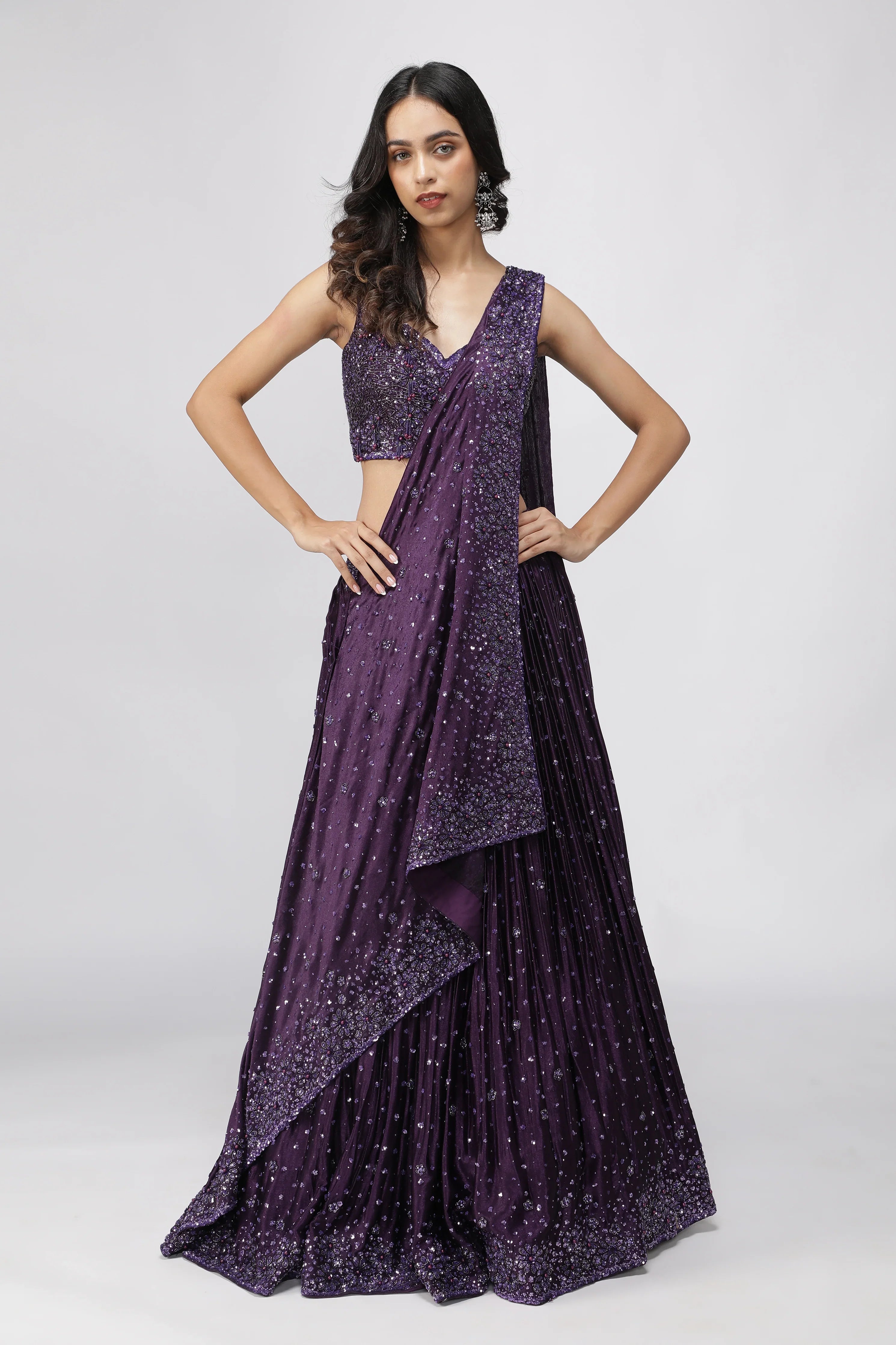 Wine Silk Drape Lehenga Set | Mokshaa