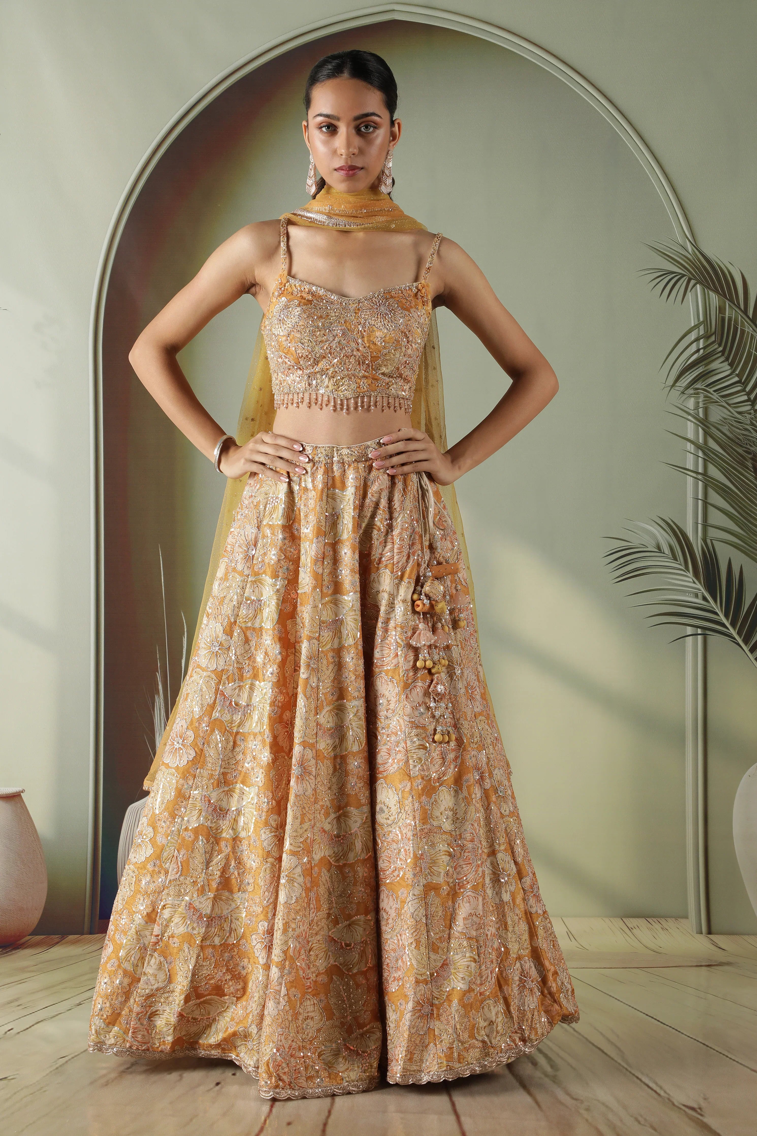 Golden Printed Tissue Lehenga Set | Mokshaa