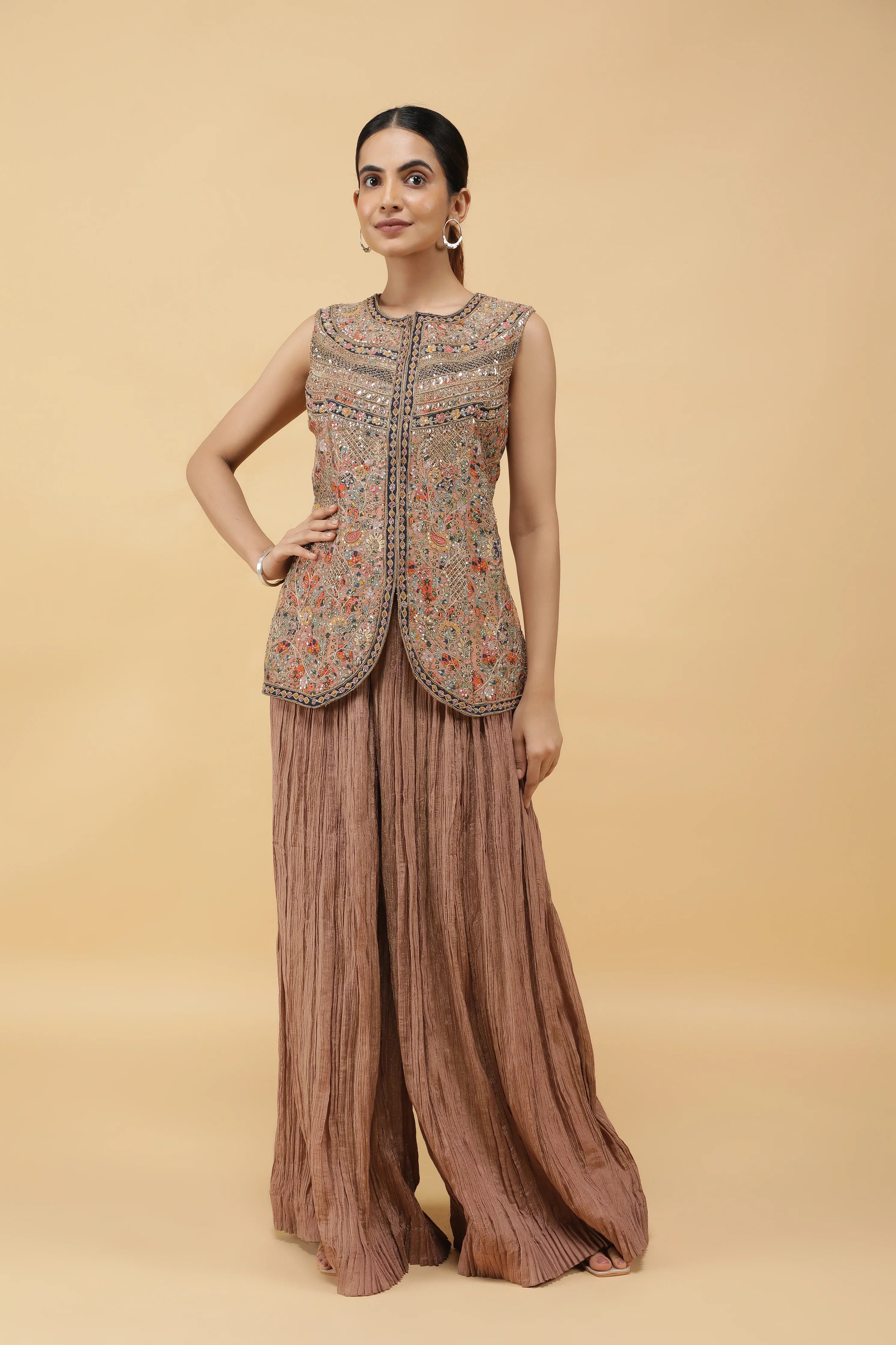 Dusty Rose Tissue Silk Printed Top with Zari & Pearl Highlights and Palazzo | Mokshaa