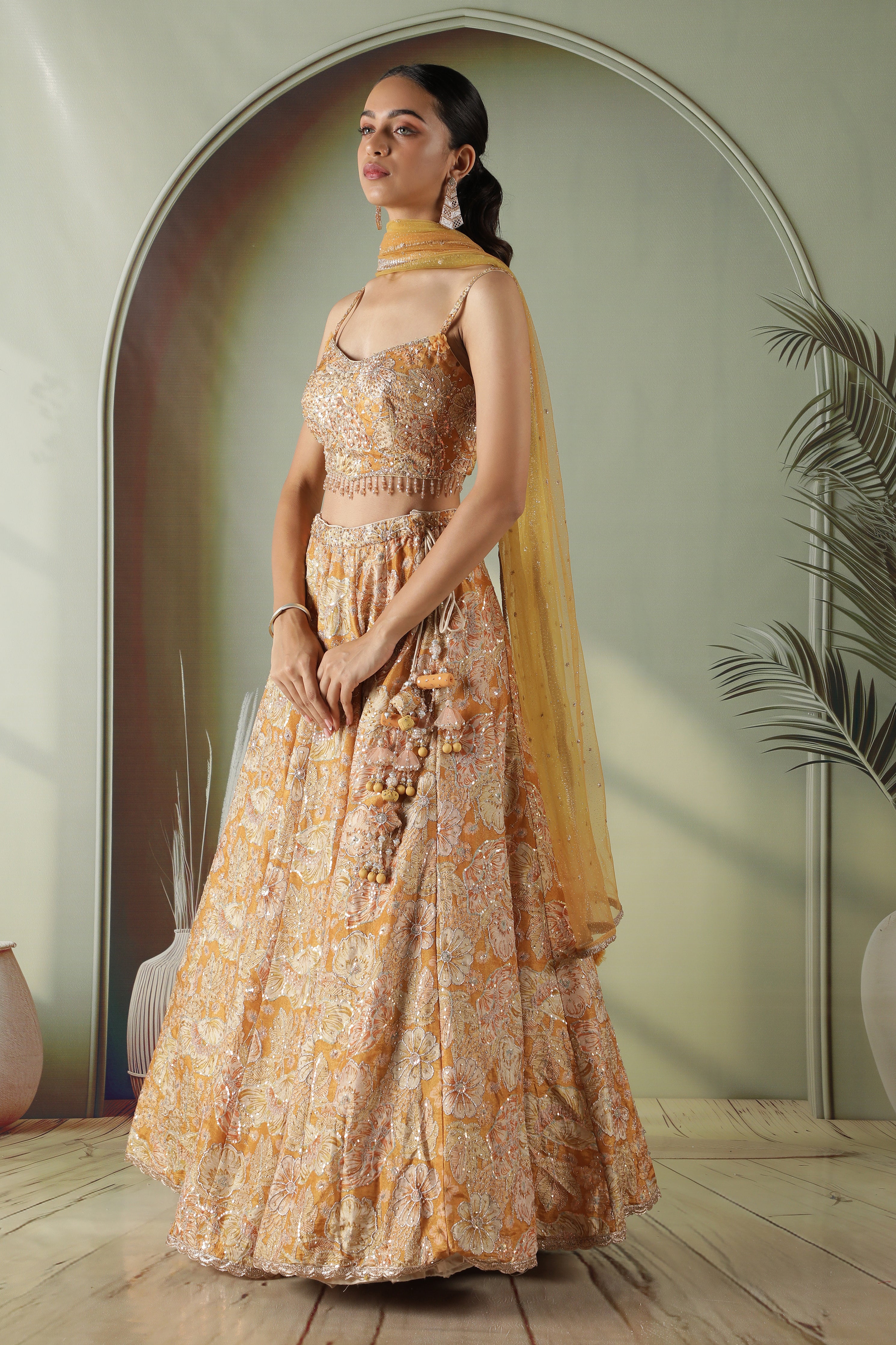 Golden Printed Tissue Lehenga Set