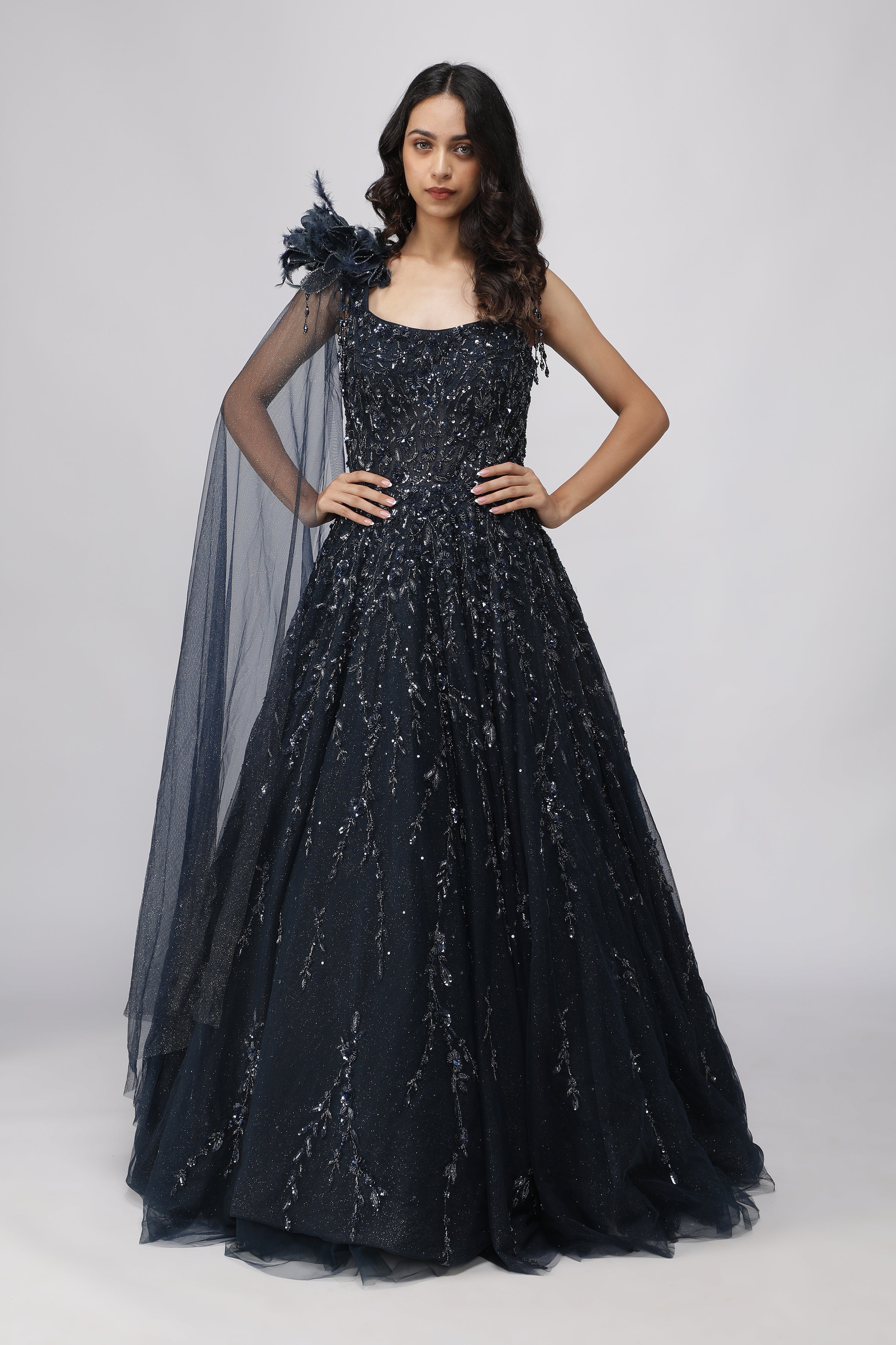 Navy Blue Net Gown with Sequin, Cutdana & Pearl Embellishments