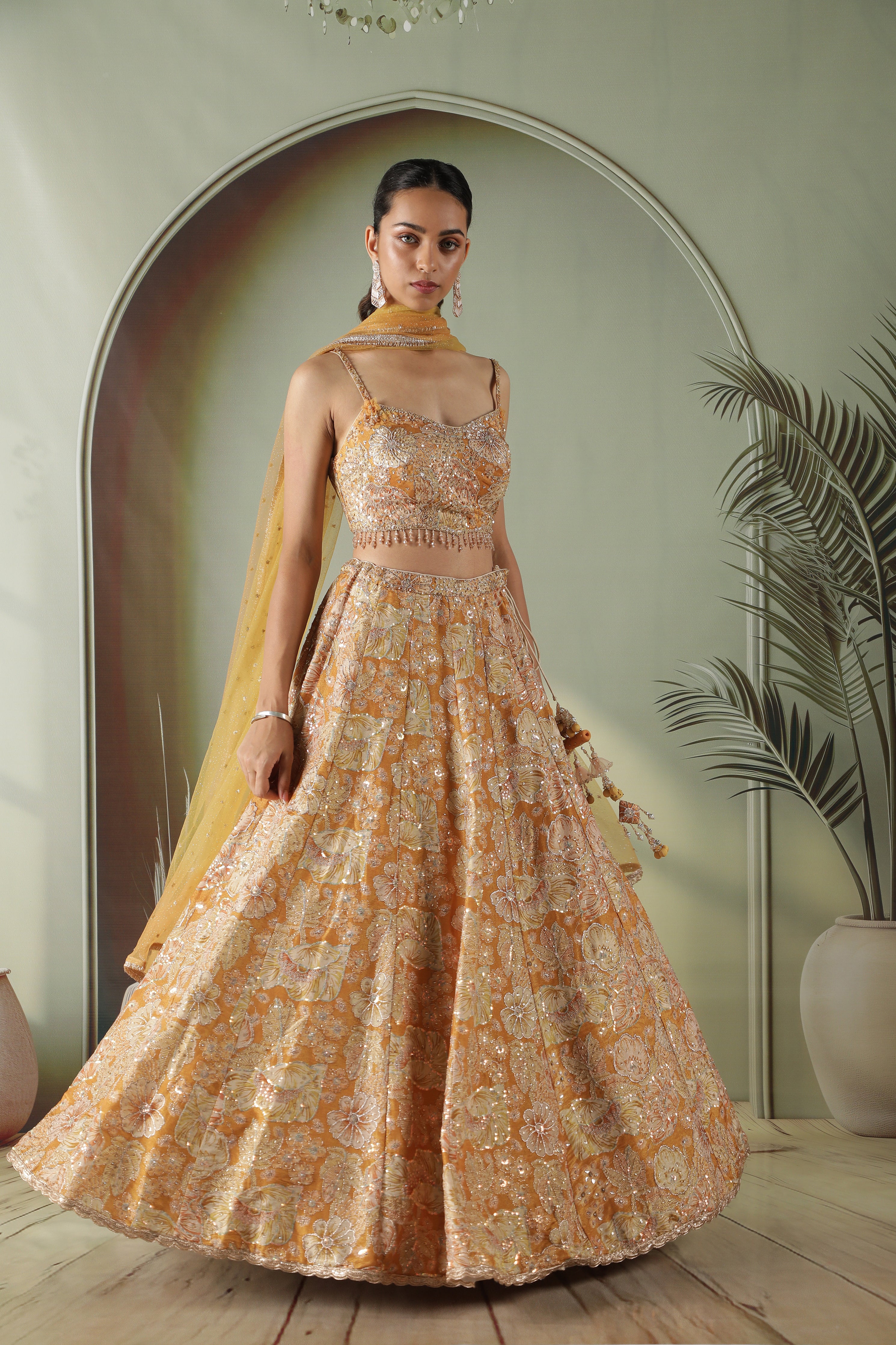 Golden Printed Tissue Lehenga Set