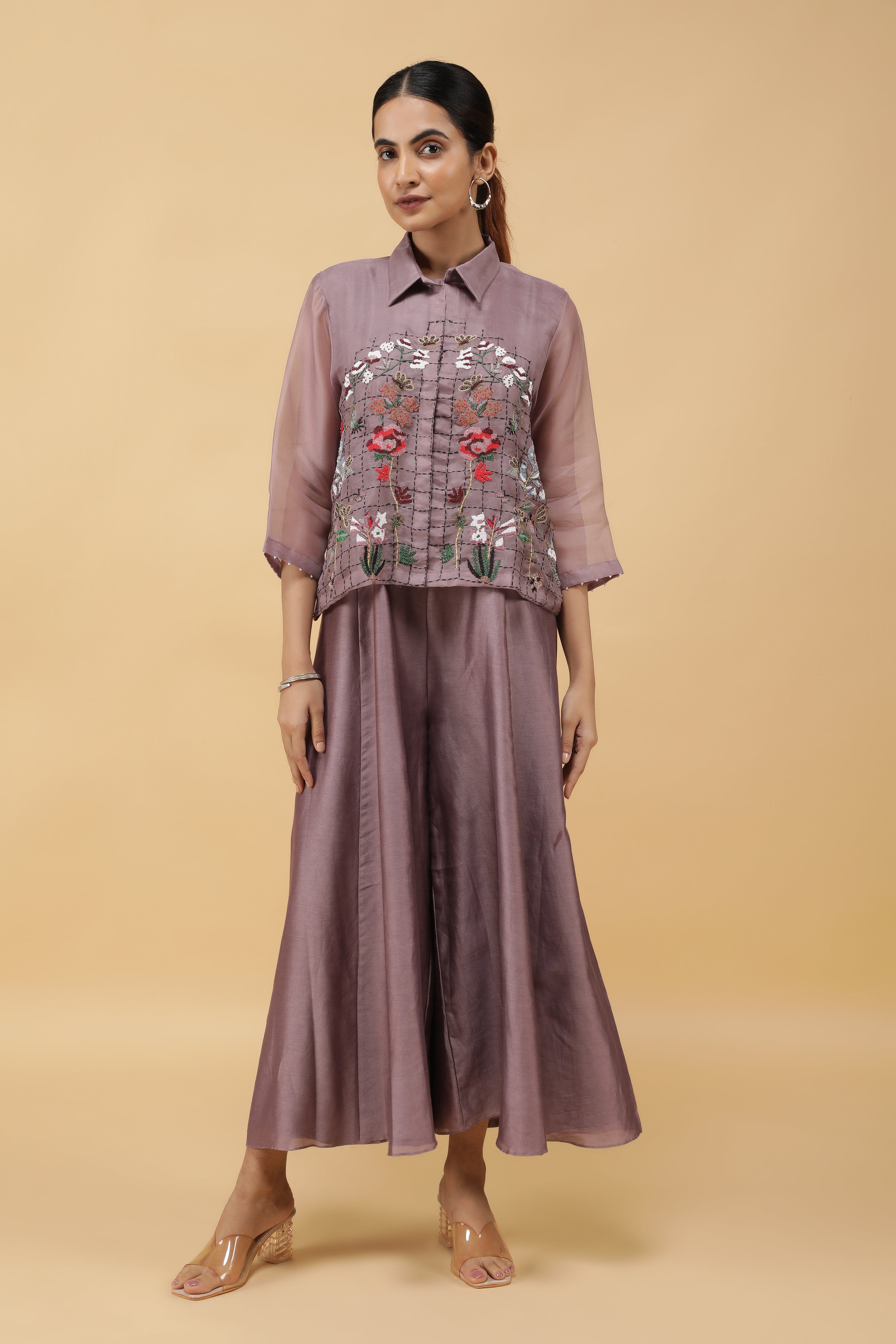 Dusty Rose Silk Jumpsuit with Embroidered Organza Top