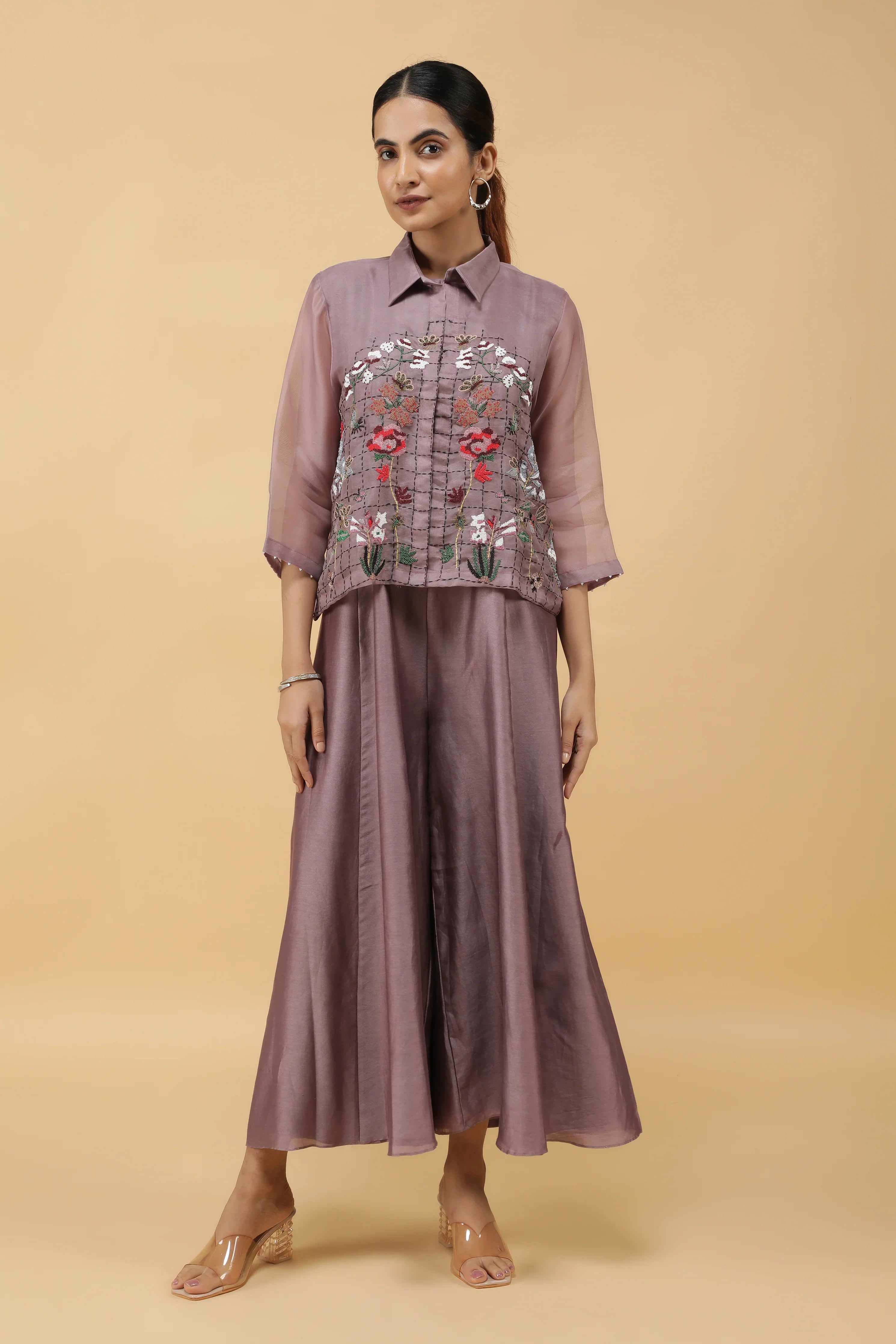 Dusty Rose Silk Jumpsuit with Embroidered Organza Top | Mokshaa