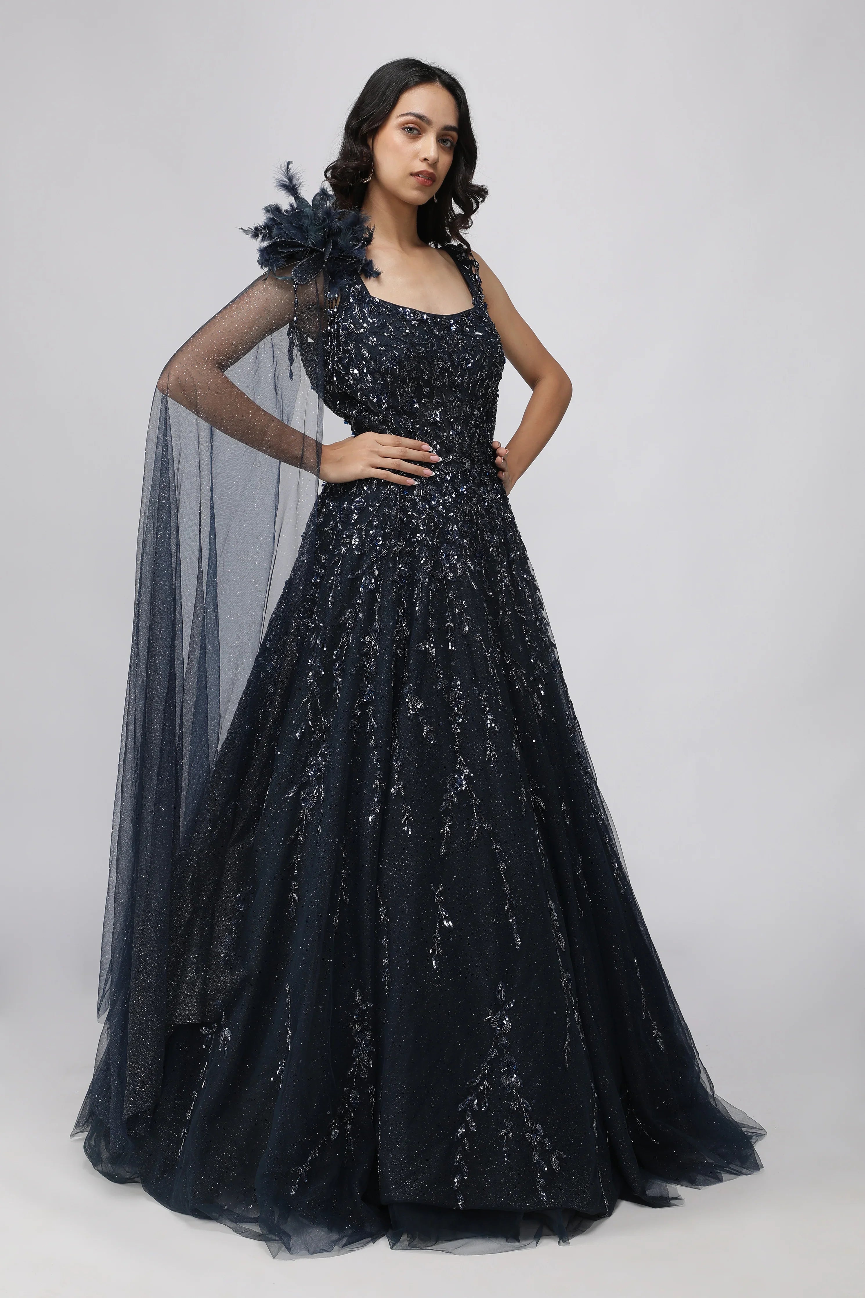 Navy Blue Net Gown with Sequin, Cutdana & Pearl Embellishments | Mokshaa