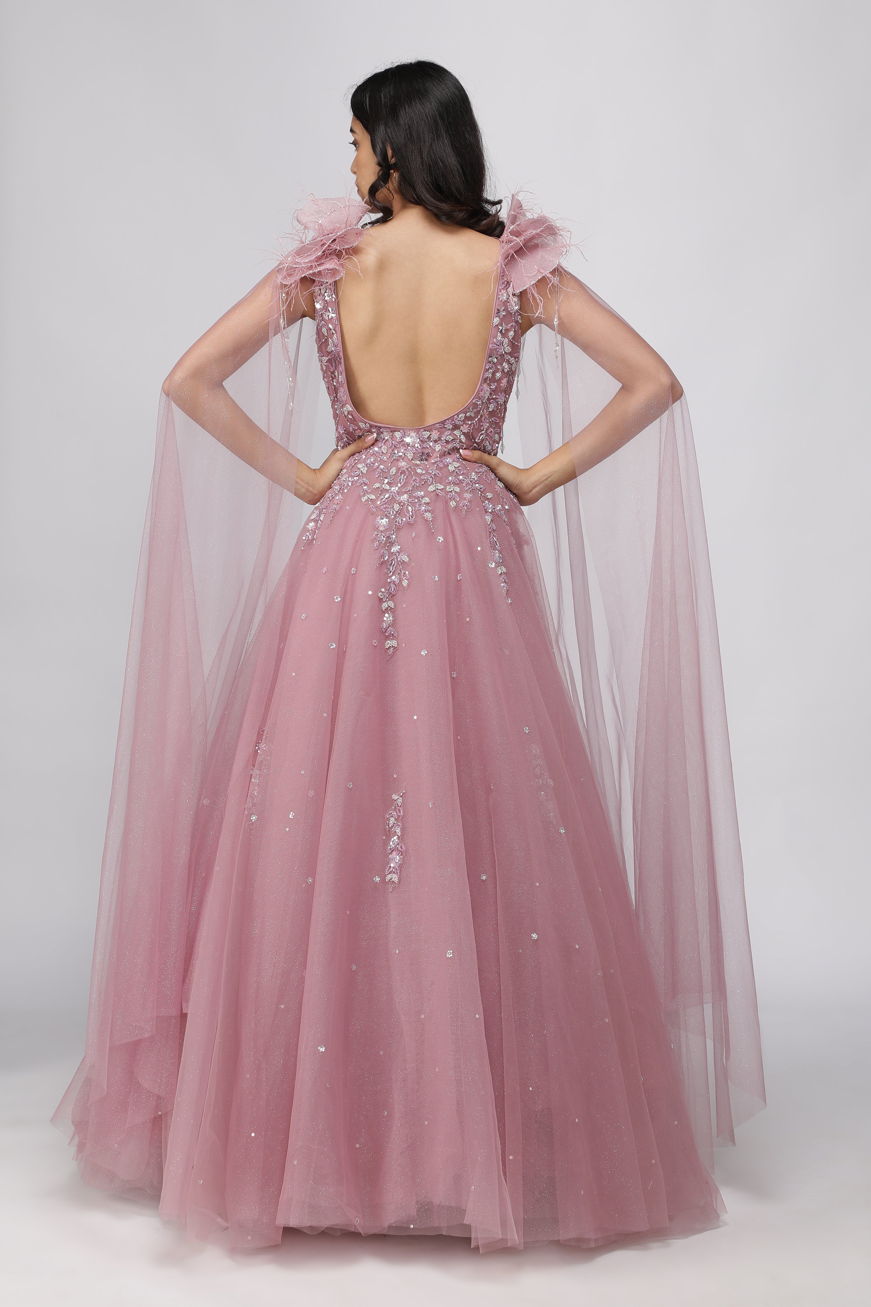 Dusty Lavender Net Gown with Pearl and Sequin Embellishments