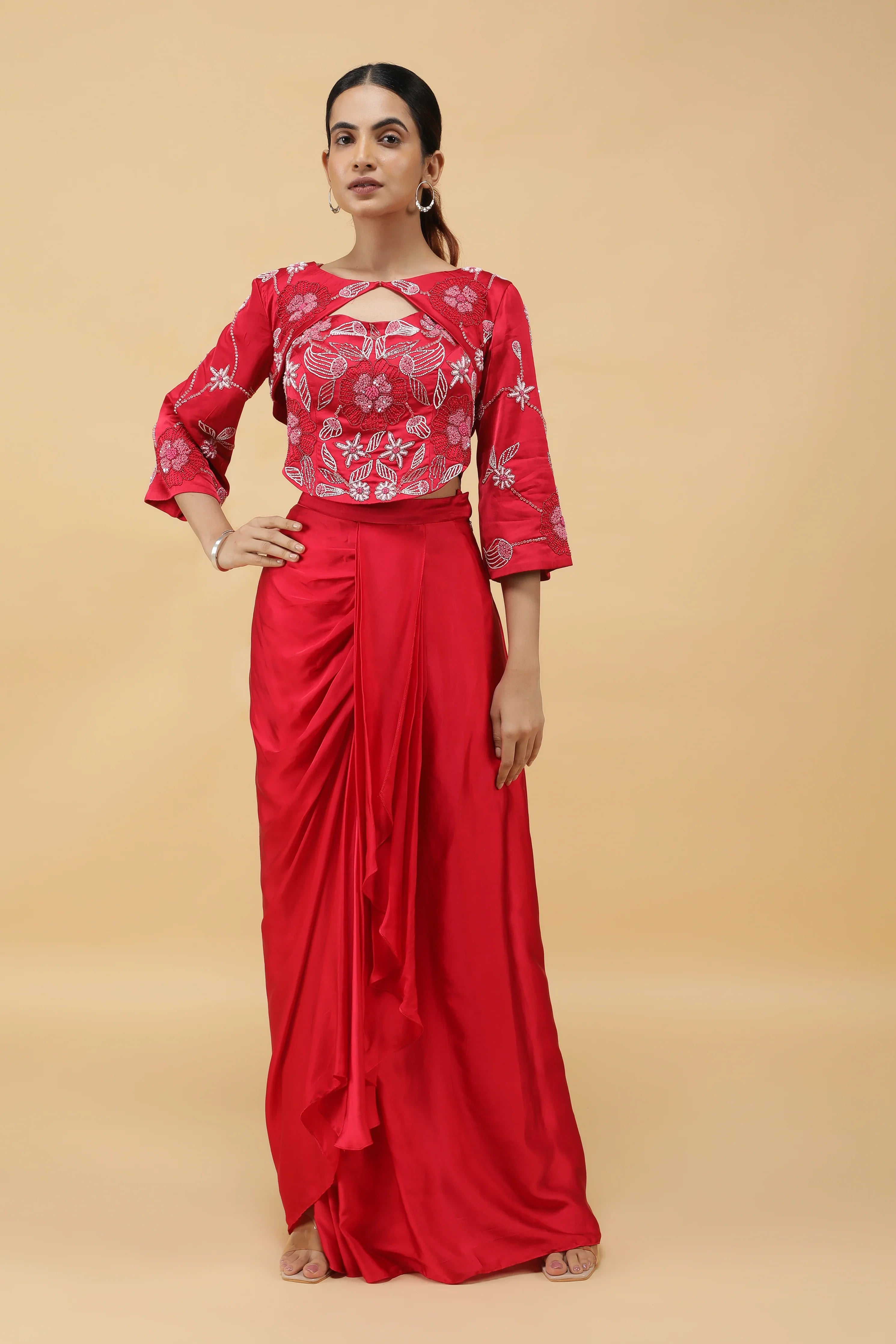 Red Satin Corset Top with Embroidered Jacket and Draped Skirt | Mokshaa