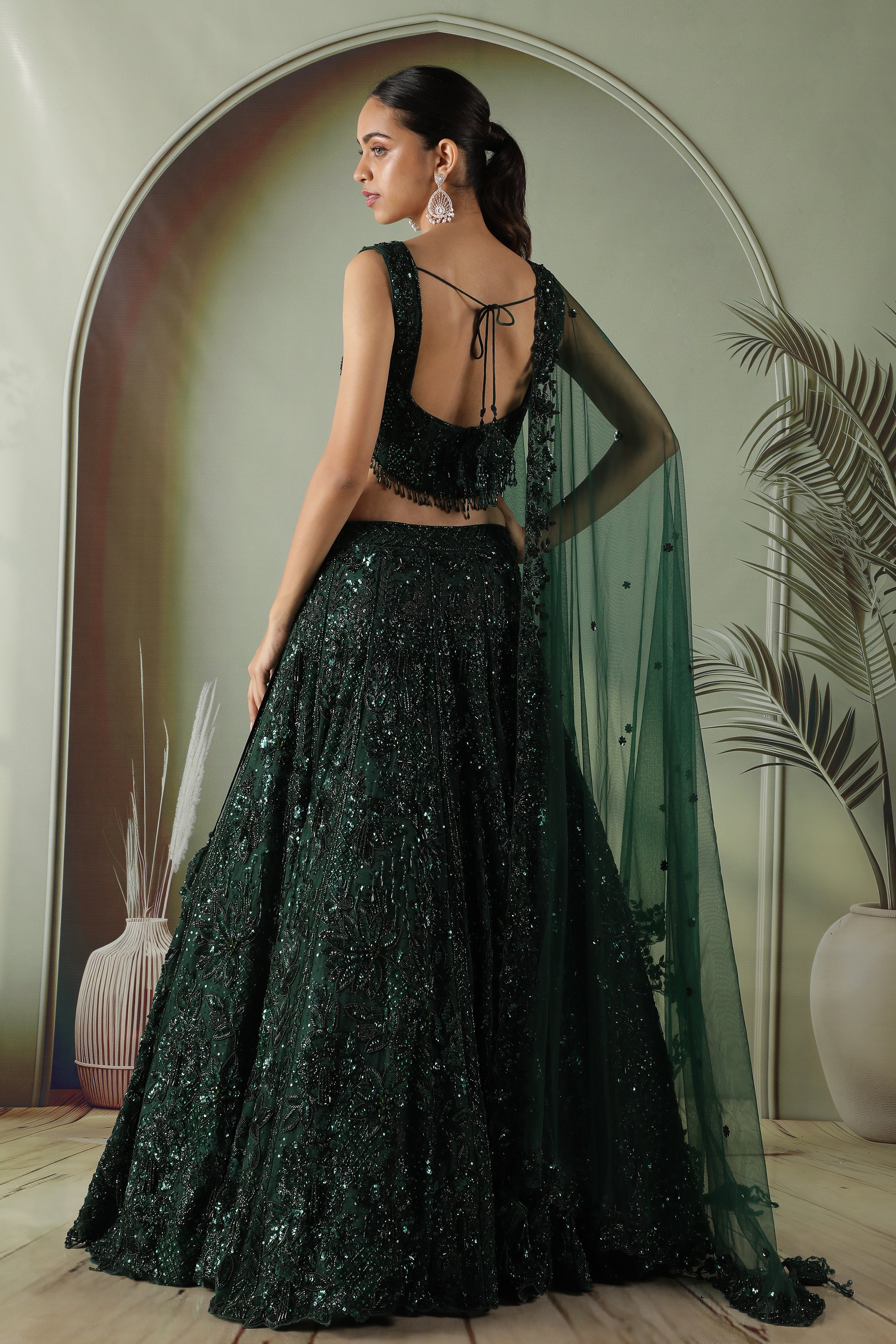 Bottle Green Net Lehenga Set with Sequin & Pearl Embroidery