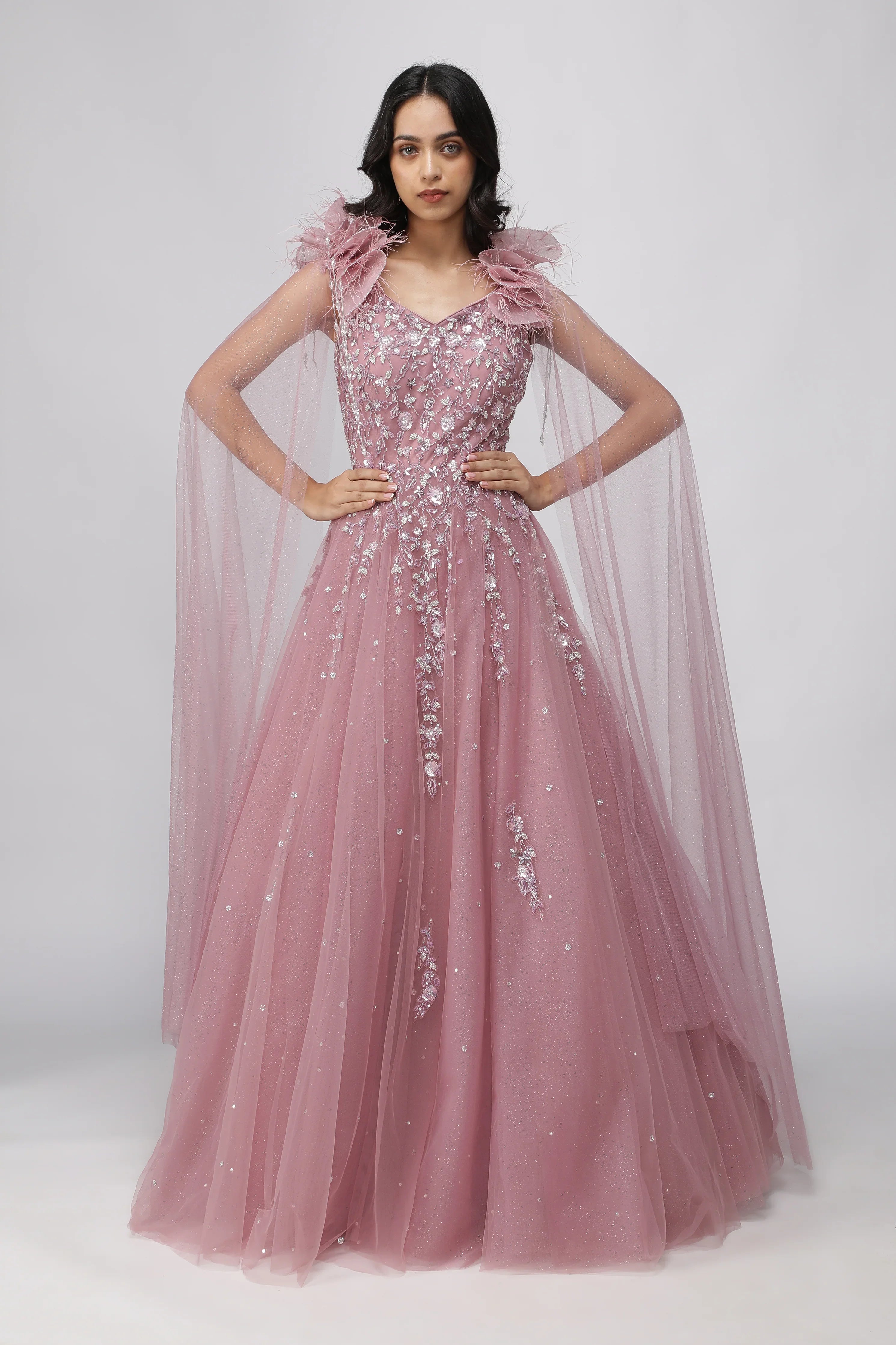 Dusty Lavender Net Gown with Pearl and Sequin Embellishments | Mokshaa