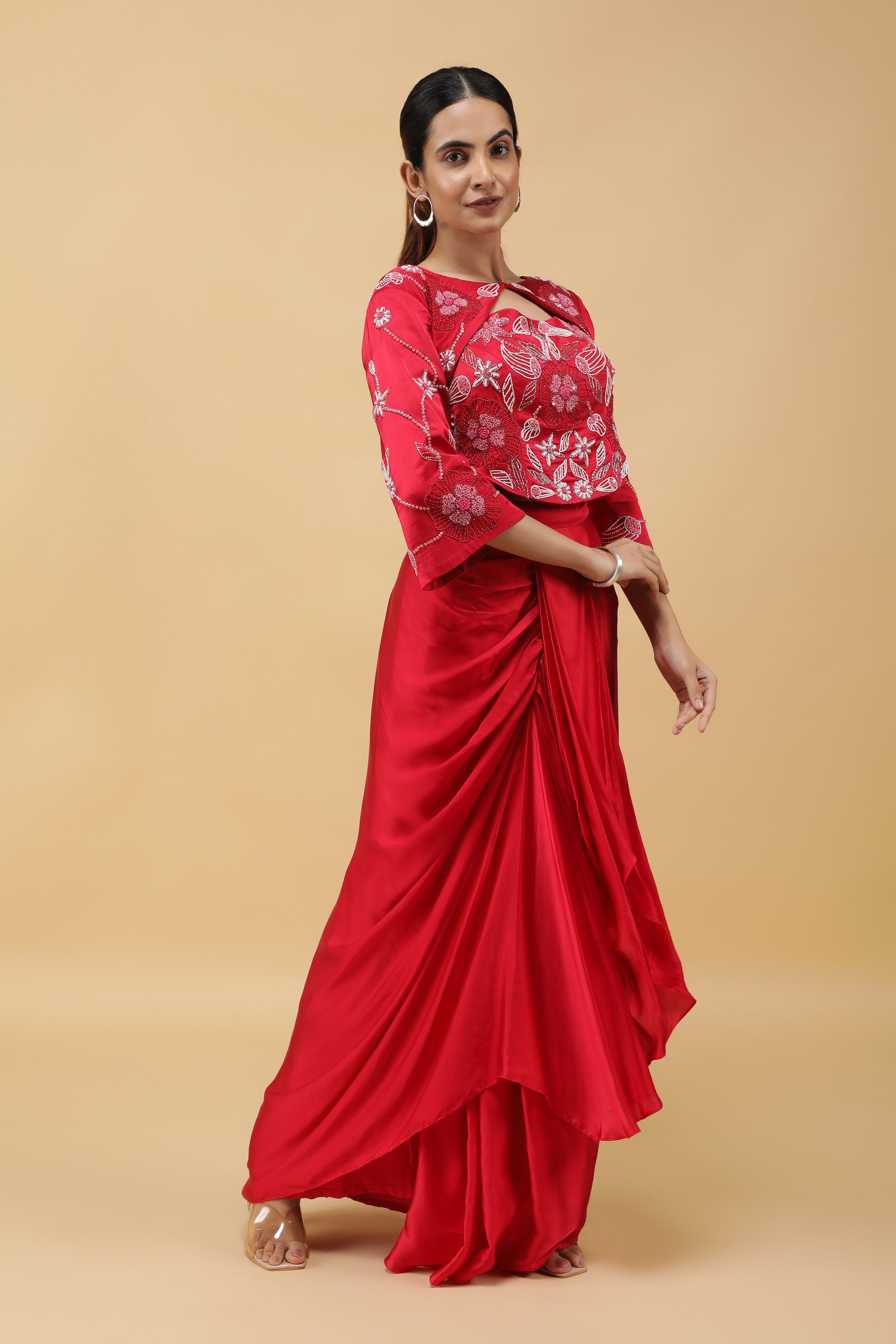 Red Satin Corset Top with Embroidered Jacket and Draped Skirt