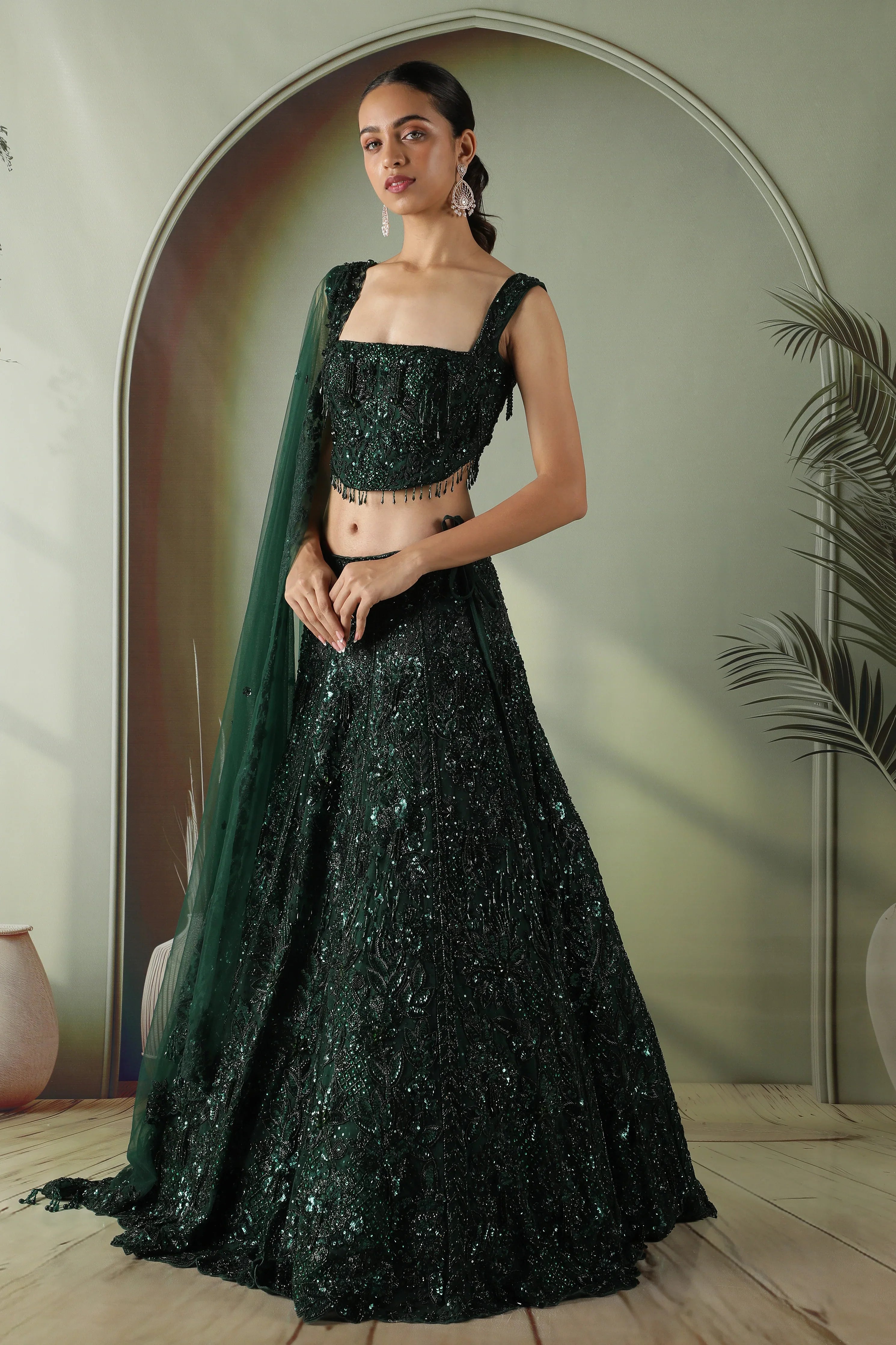 Bottle Green Net Lehenga Set with Sequin & Pearl Embroidery | Premium Lehenga | Mokshaa M Bottle Green Net Lehenga Set with Sequin & Pearl Embroidery | Premium Lehenga | Mokshaa M