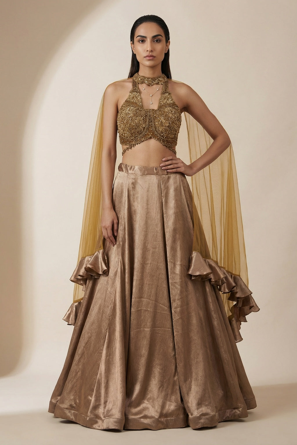 Copper Satin Silk Lehenga Set with Net Dupatta