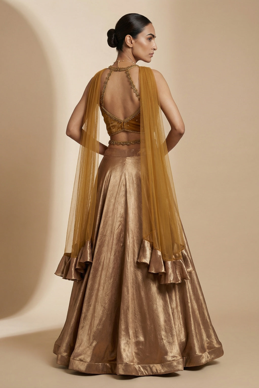 Copper Satin Silk Lehenga Set with Net Dupatta - Mokshaa