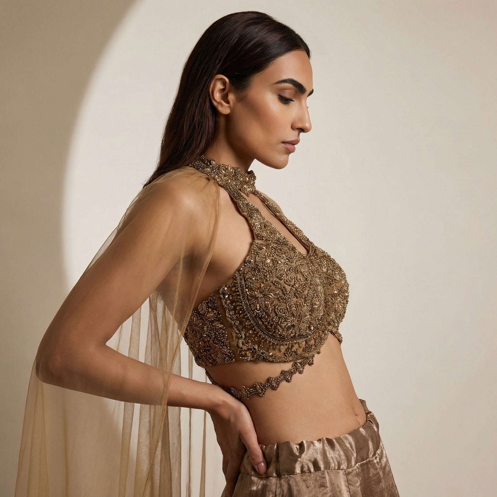 Copper Satin Silk Lehenga Set with Net Dupatta