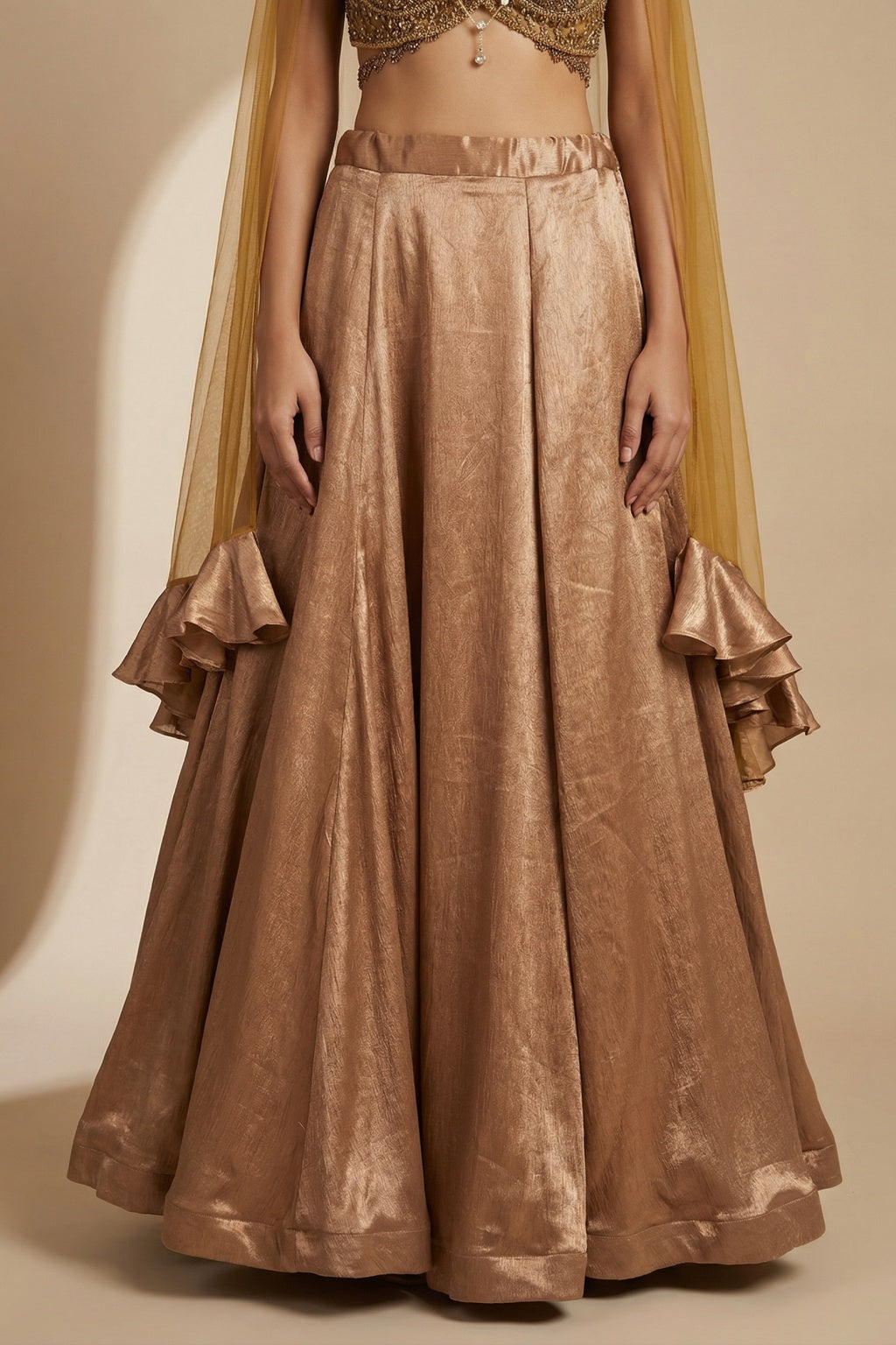 Copper Satin Silk Lehenga Set with Net Dupatta