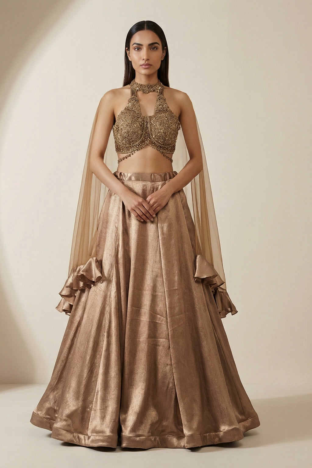 Copper Satin Silk Lehenga Set with Net Dupatta - Mokshaa