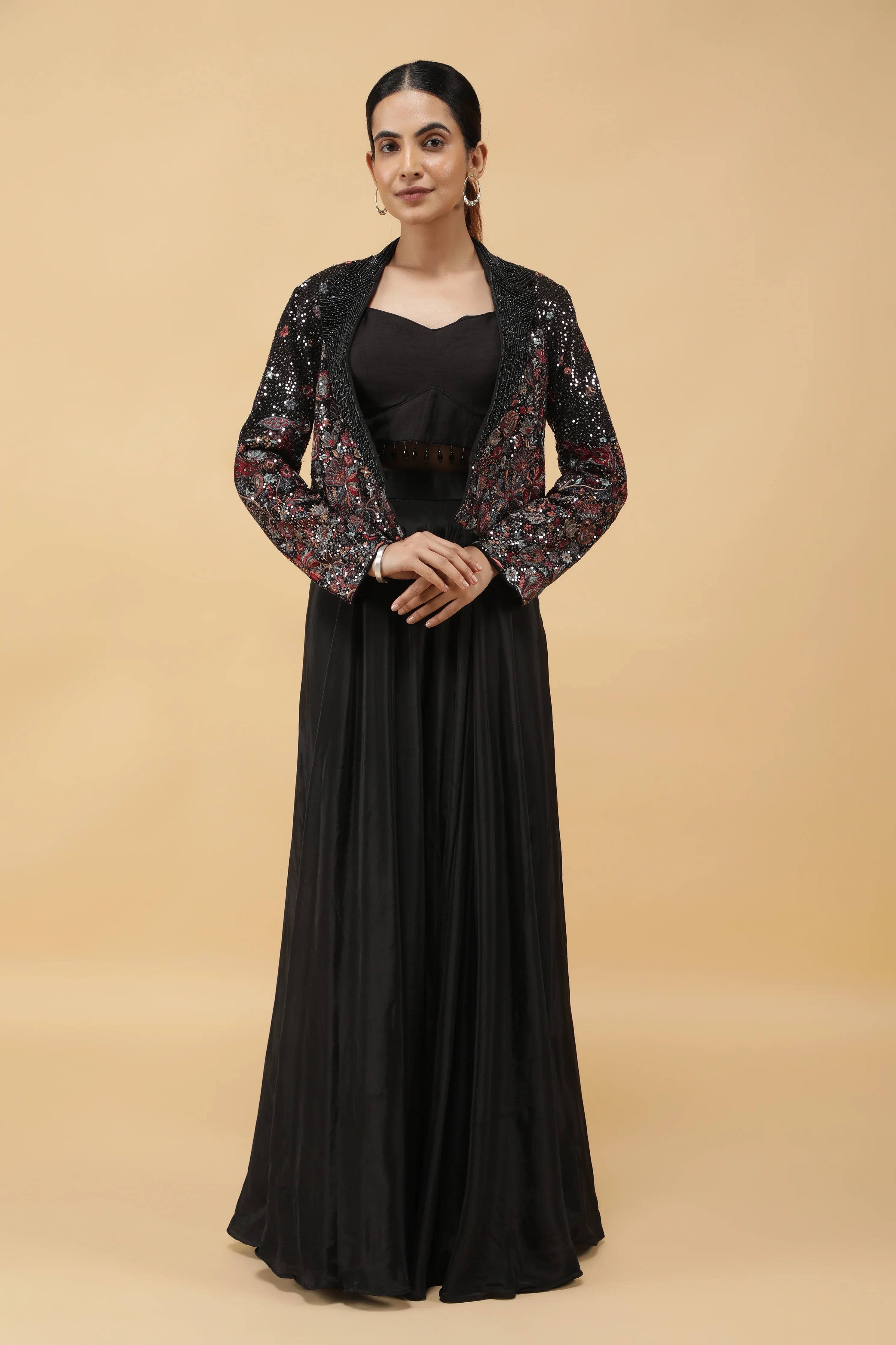 Black Crepe Crop Top and Embroidered Jacket with Palazzo | Mokshaa