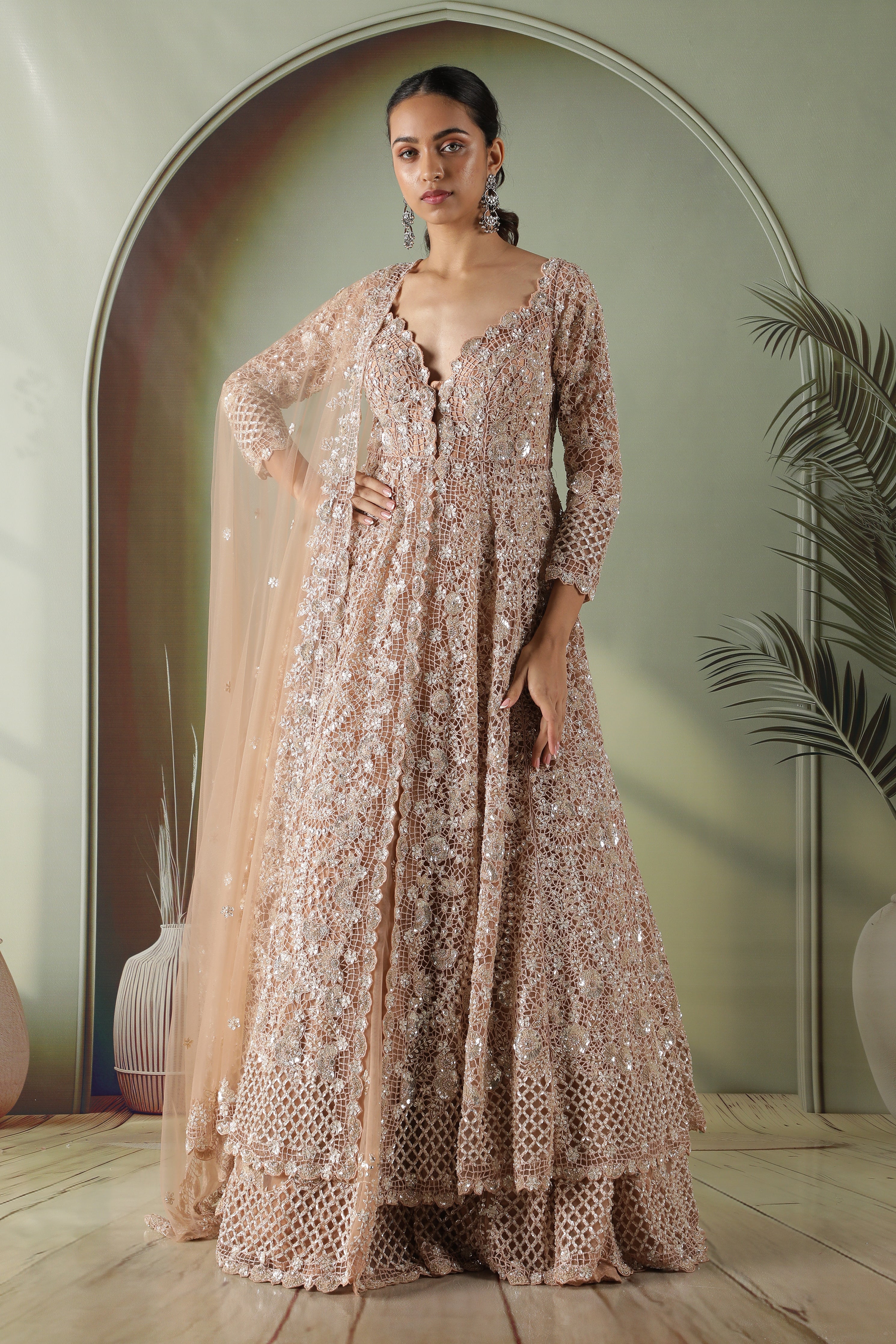 Dusty Peach Net Jacket Lehenga set