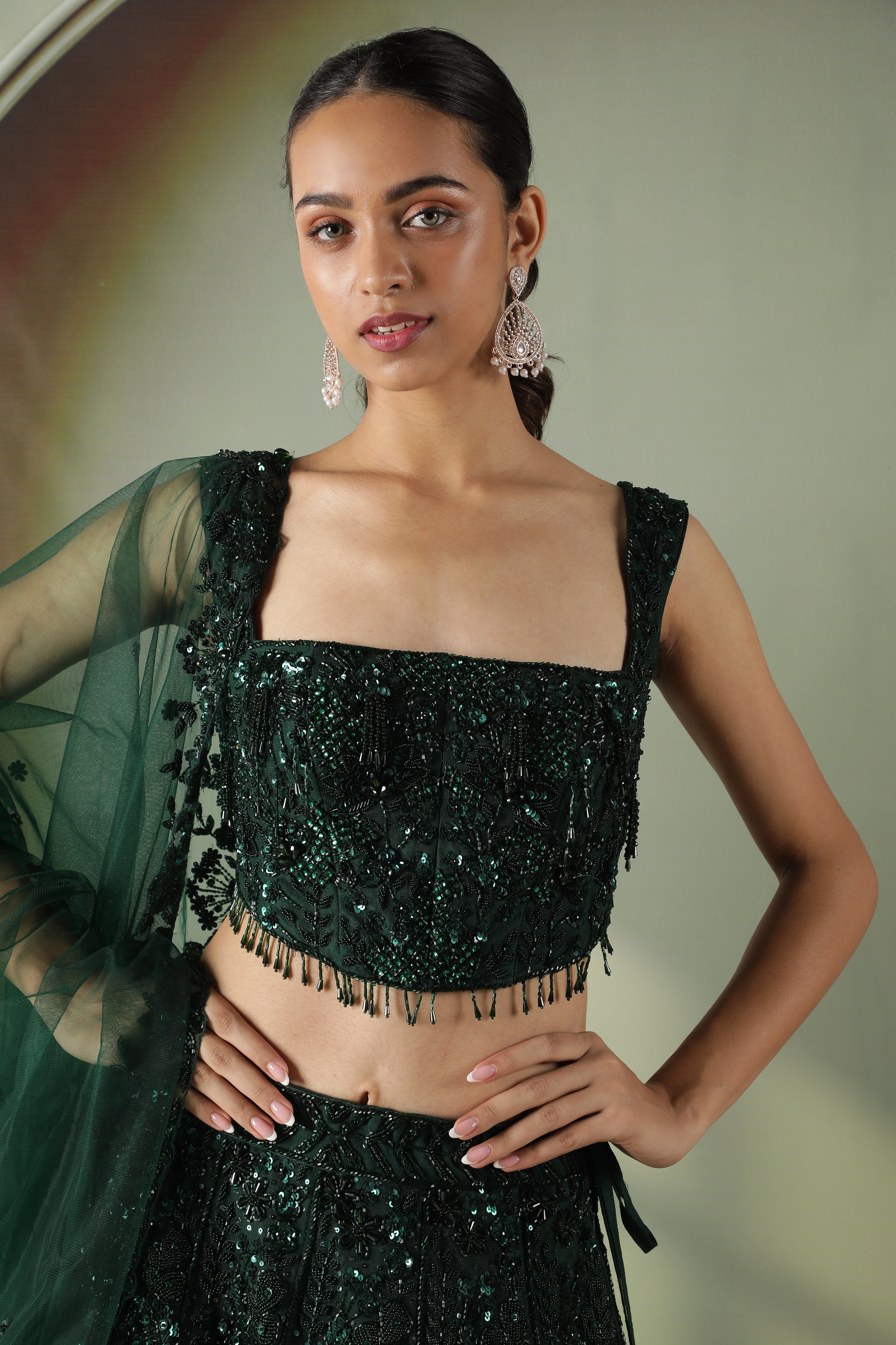 Bottle Green Net Lehenga Set with Sequin & Pearl Embroidery