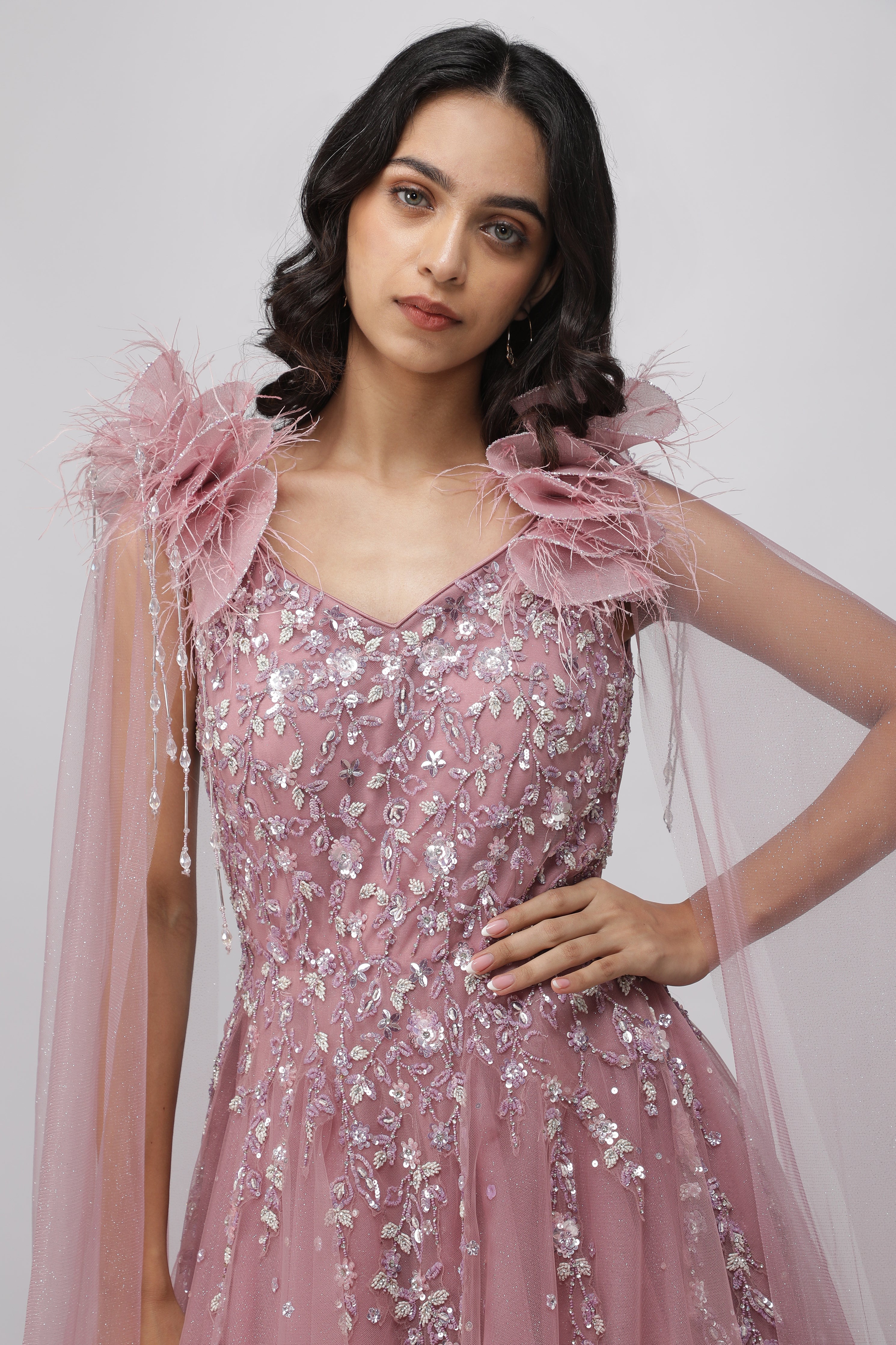 Dusty Lavender Net Gown with Pearl and Sequin Embellishments