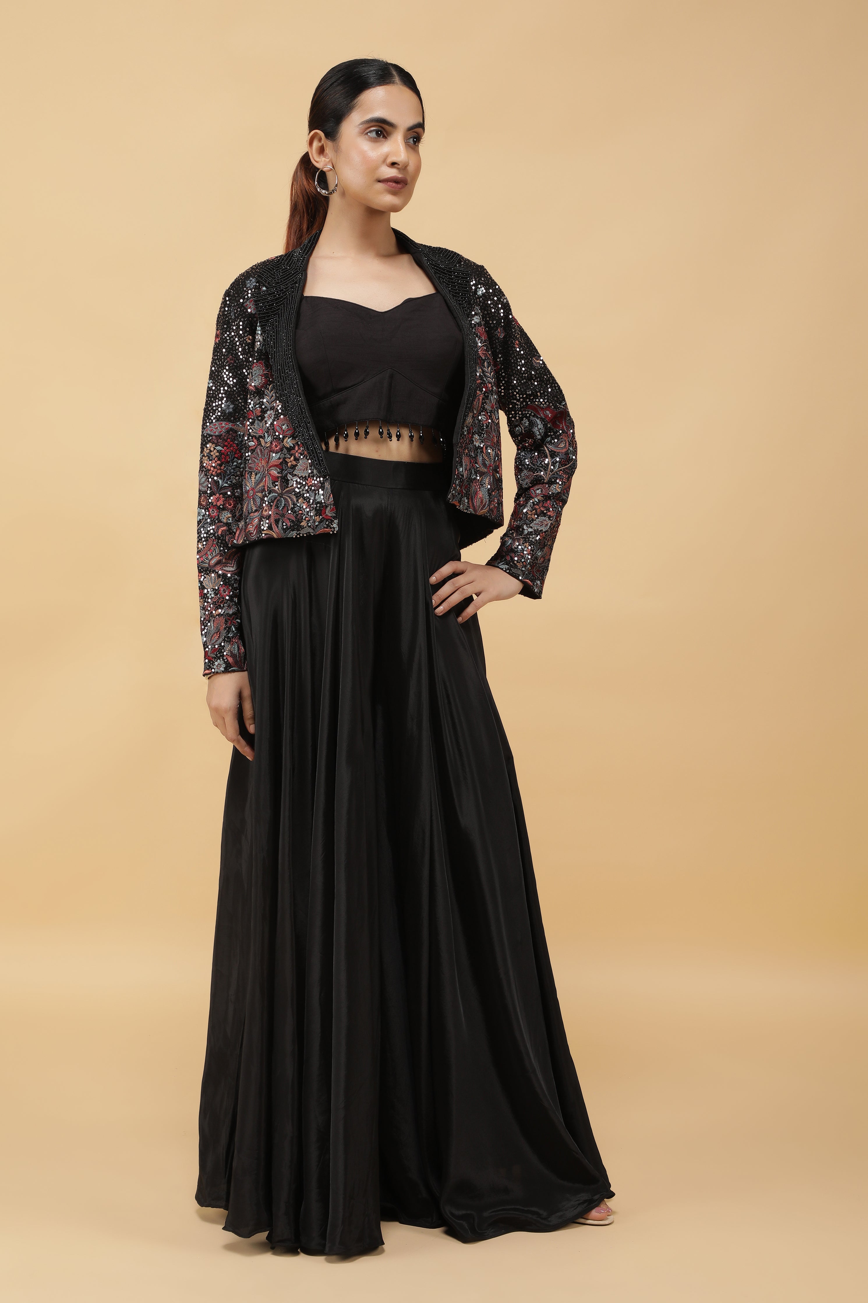 Black Crepe Crop Top and Embroidered Jacket with Palazzo