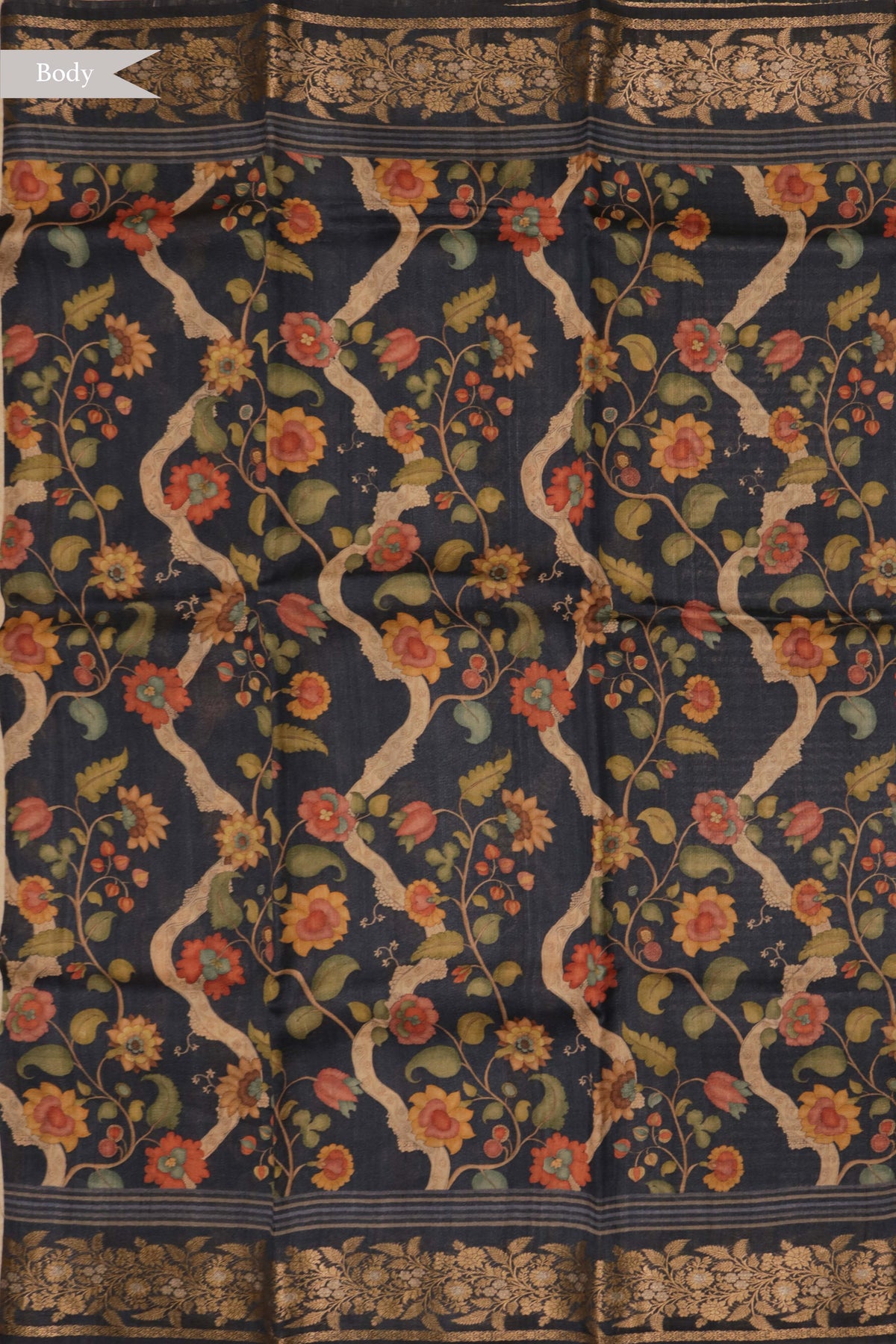 Dark Blue Kalamkari Tussar Silk Saree