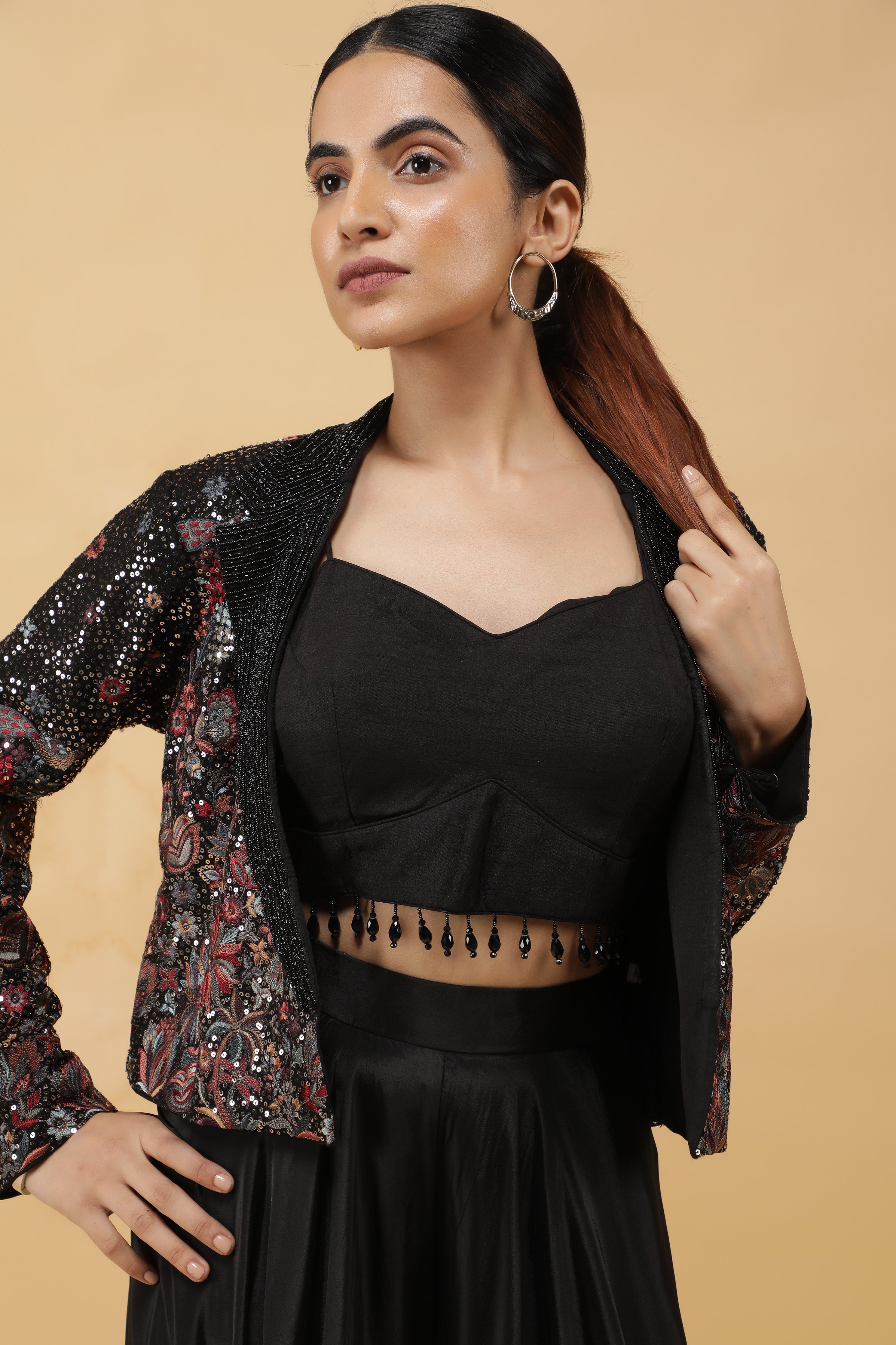 Black Crepe Crop Top and Embroidered Jacket with Palazzo