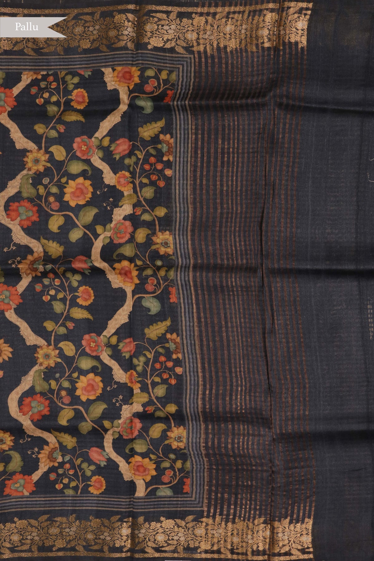 Dark Blue Kalamkari Tussar Silk Saree