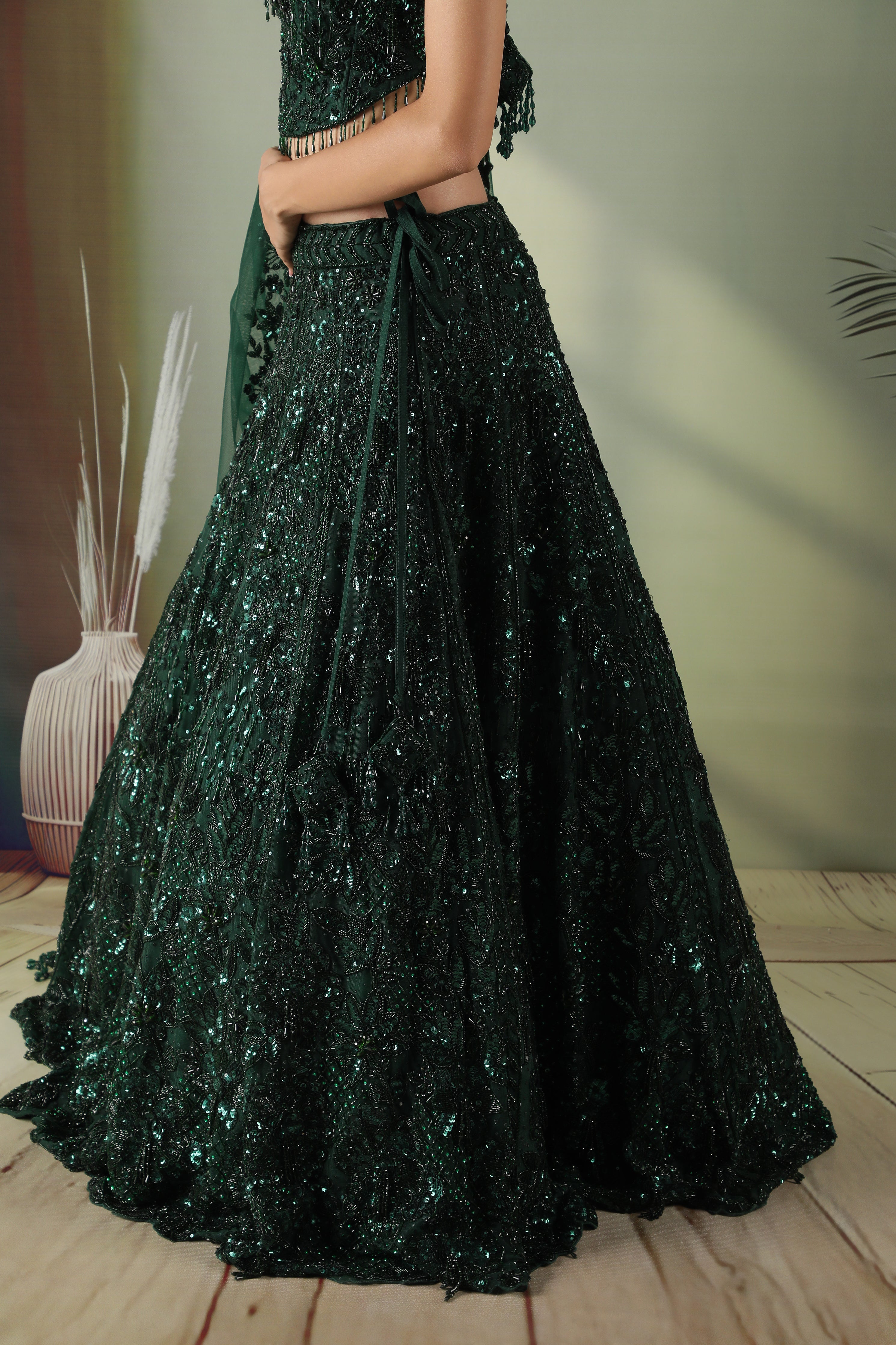 Bottle Green Net Lehenga Set with Sequin & Pearl Embroidery