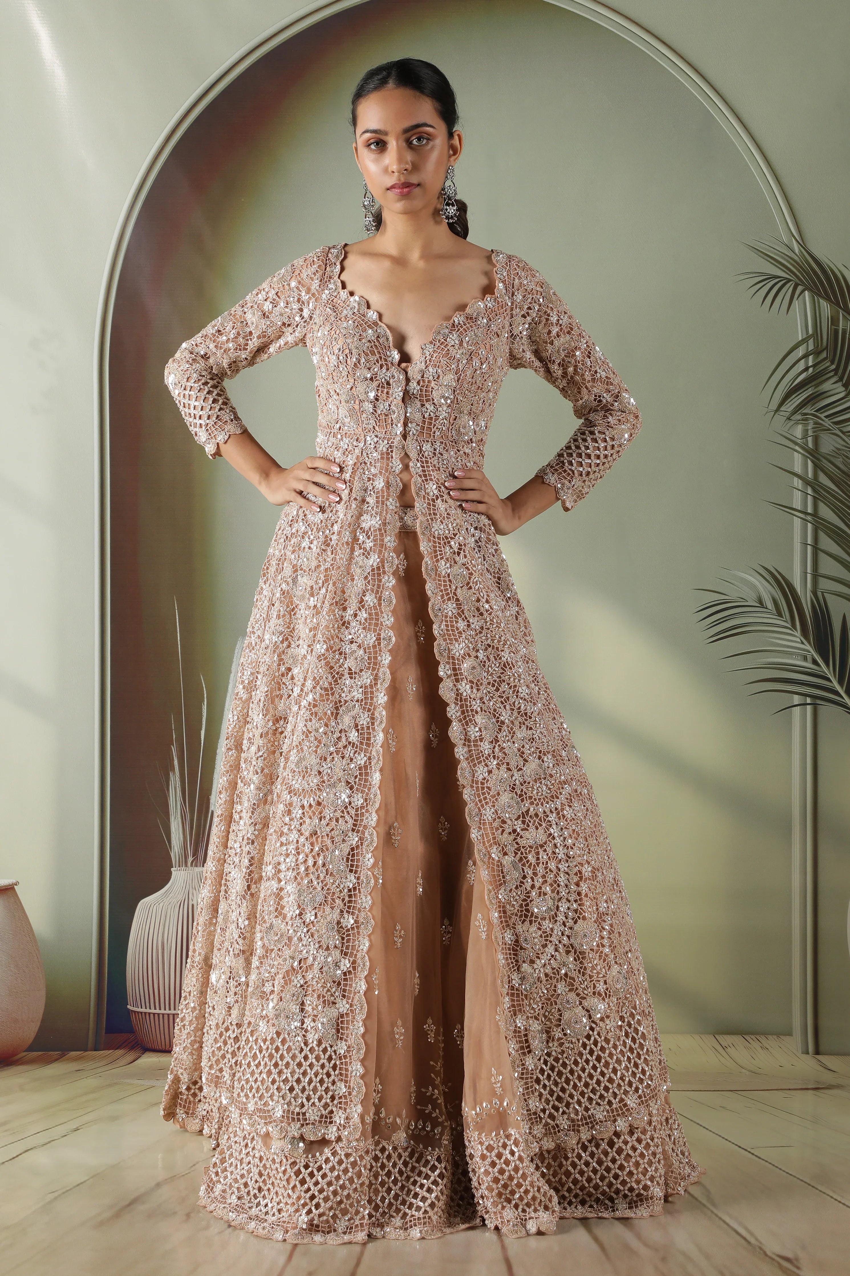 Dusty Peach Net Jacket Lehenga set | Mokshaa