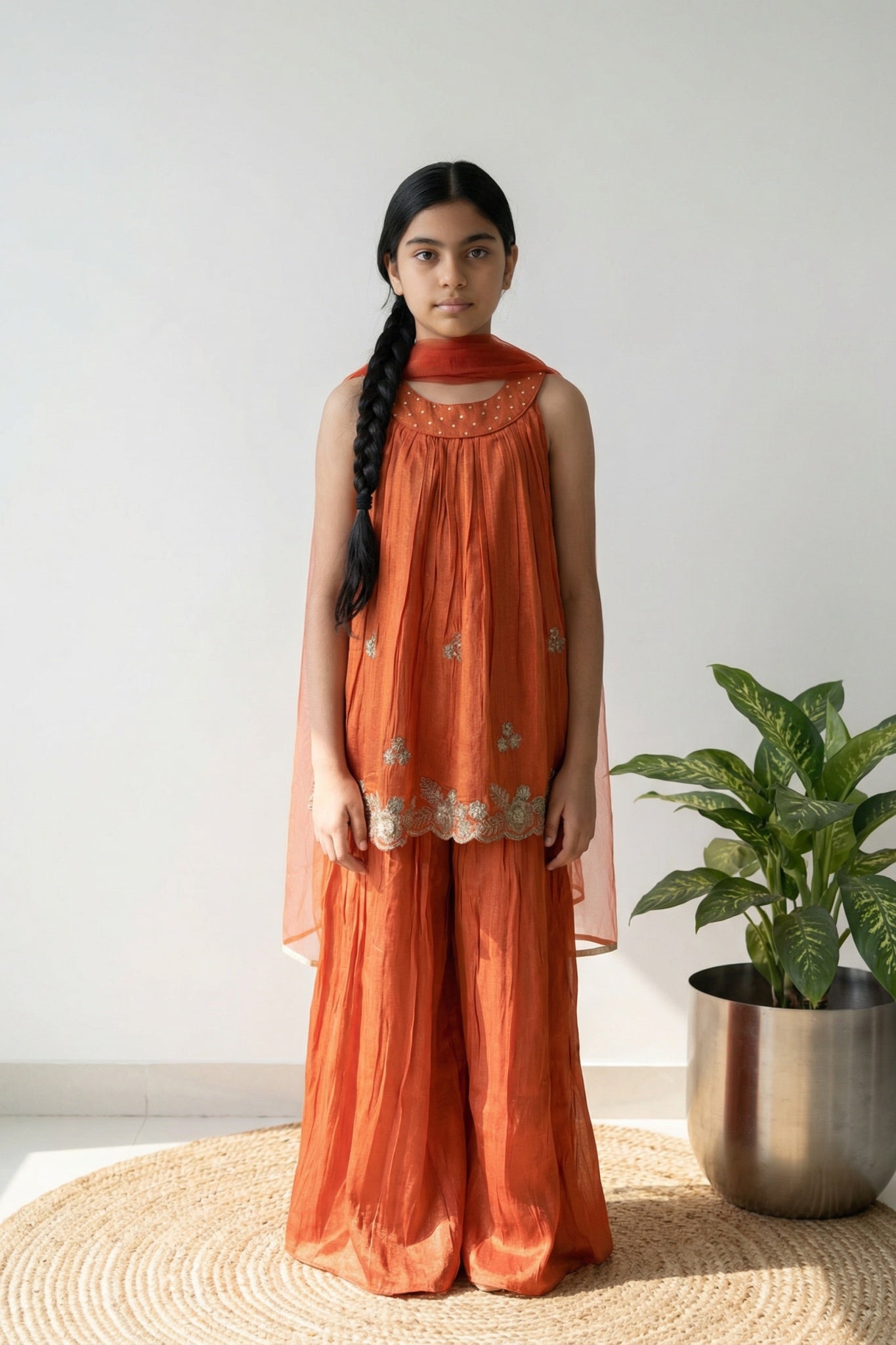 Rust Orange Embroidered Palazzo Set for Girls - Mokshaa