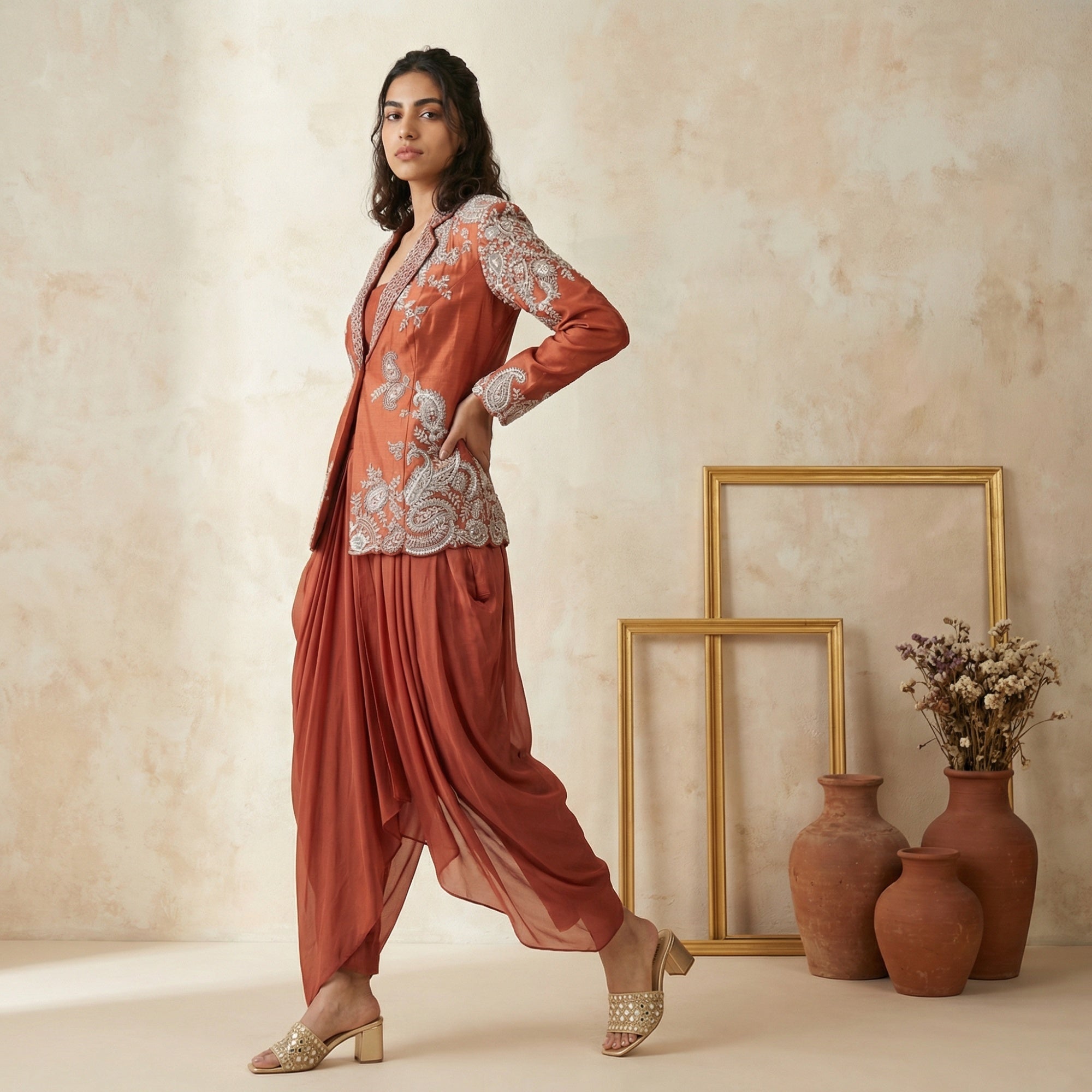 Rust Orange Blazer Skirt Set - Mokshaa