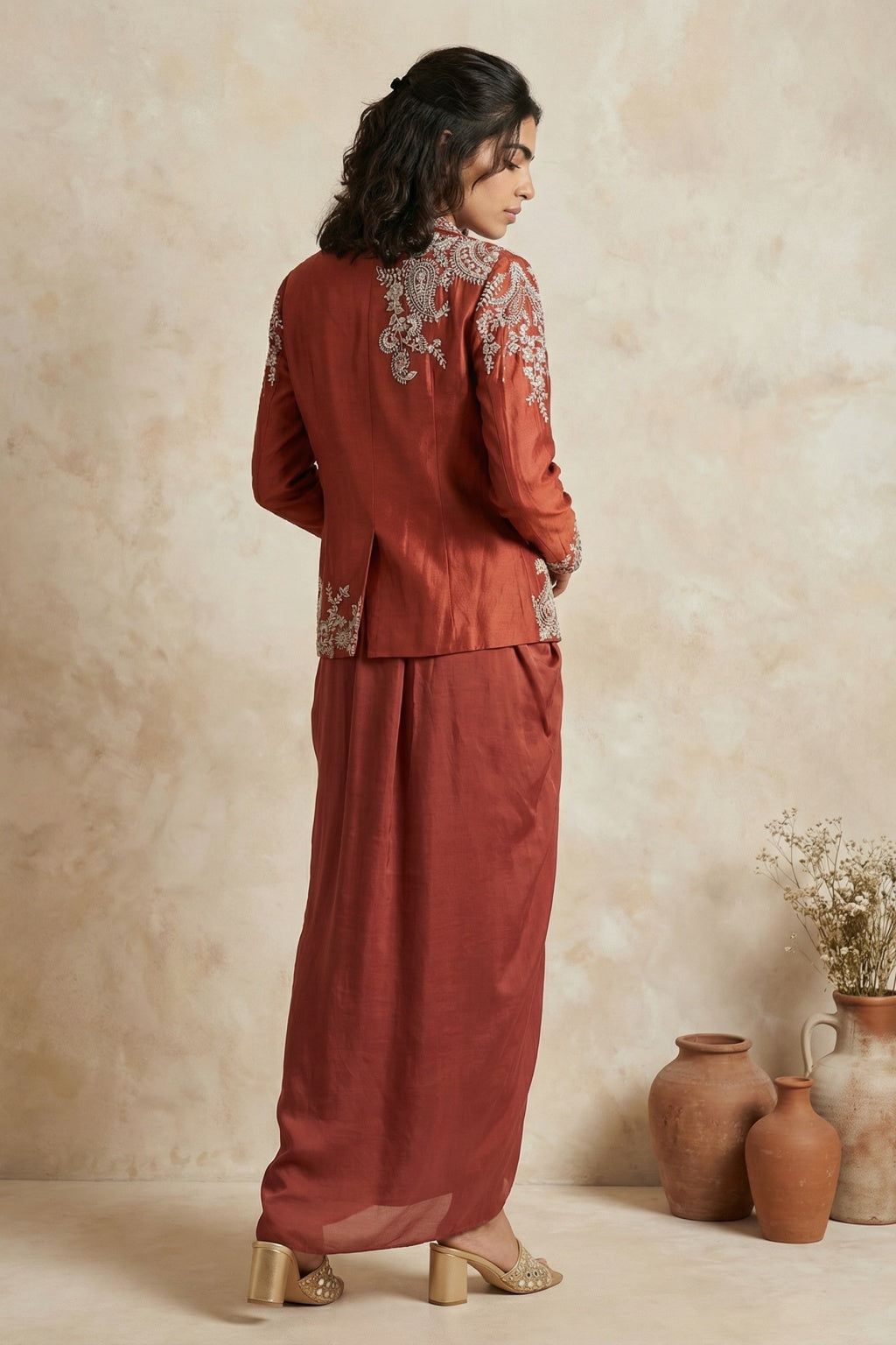 Rust Orange Blazer Skirt Set - Mokshaa