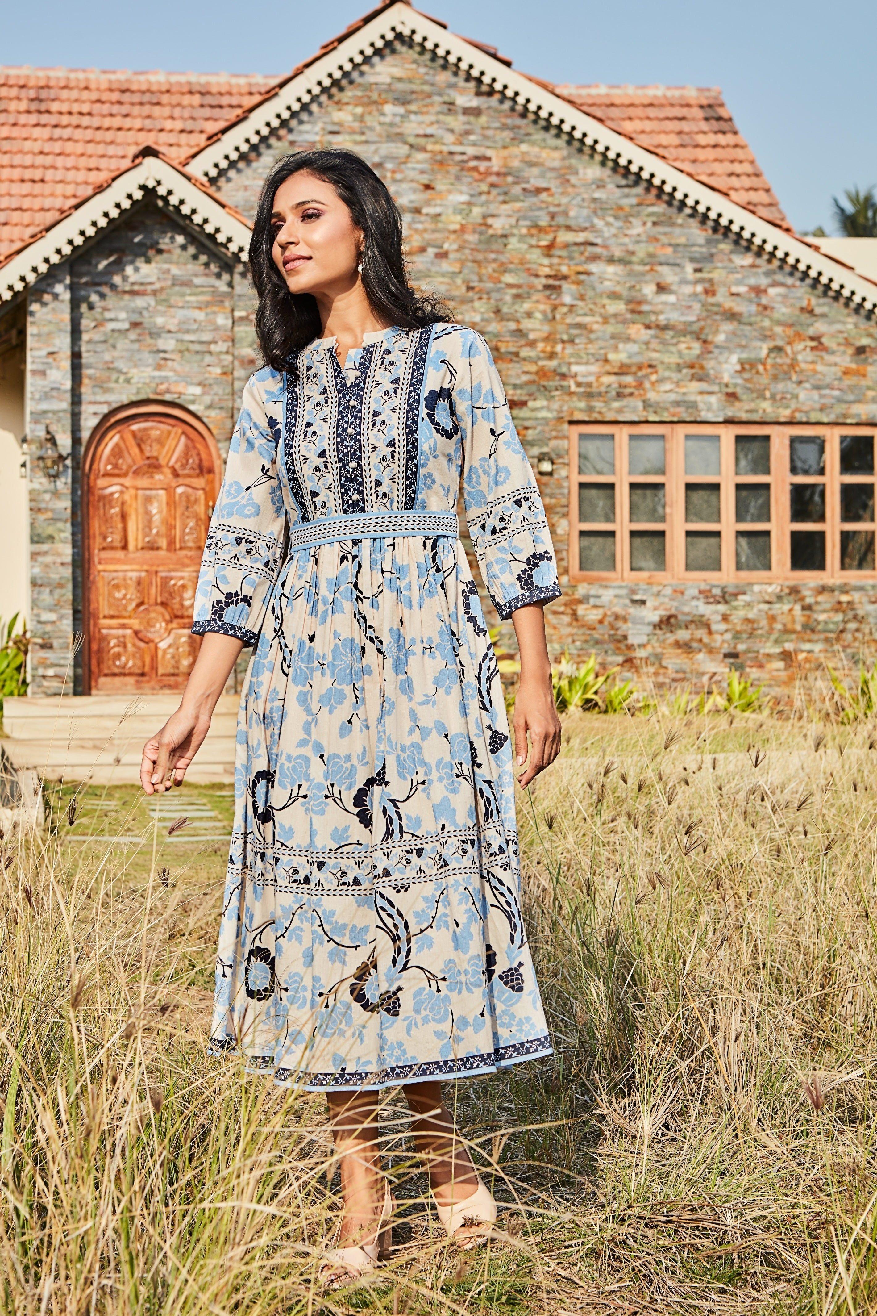 Powder Blue Printed Cotton Dress Mokshaa