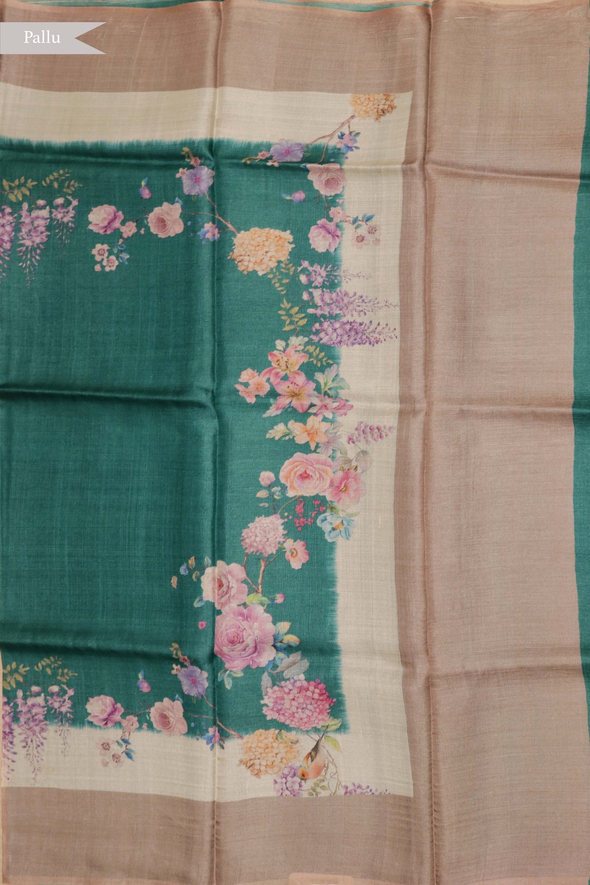 Peacock Green Floral Tussar Silk Saree