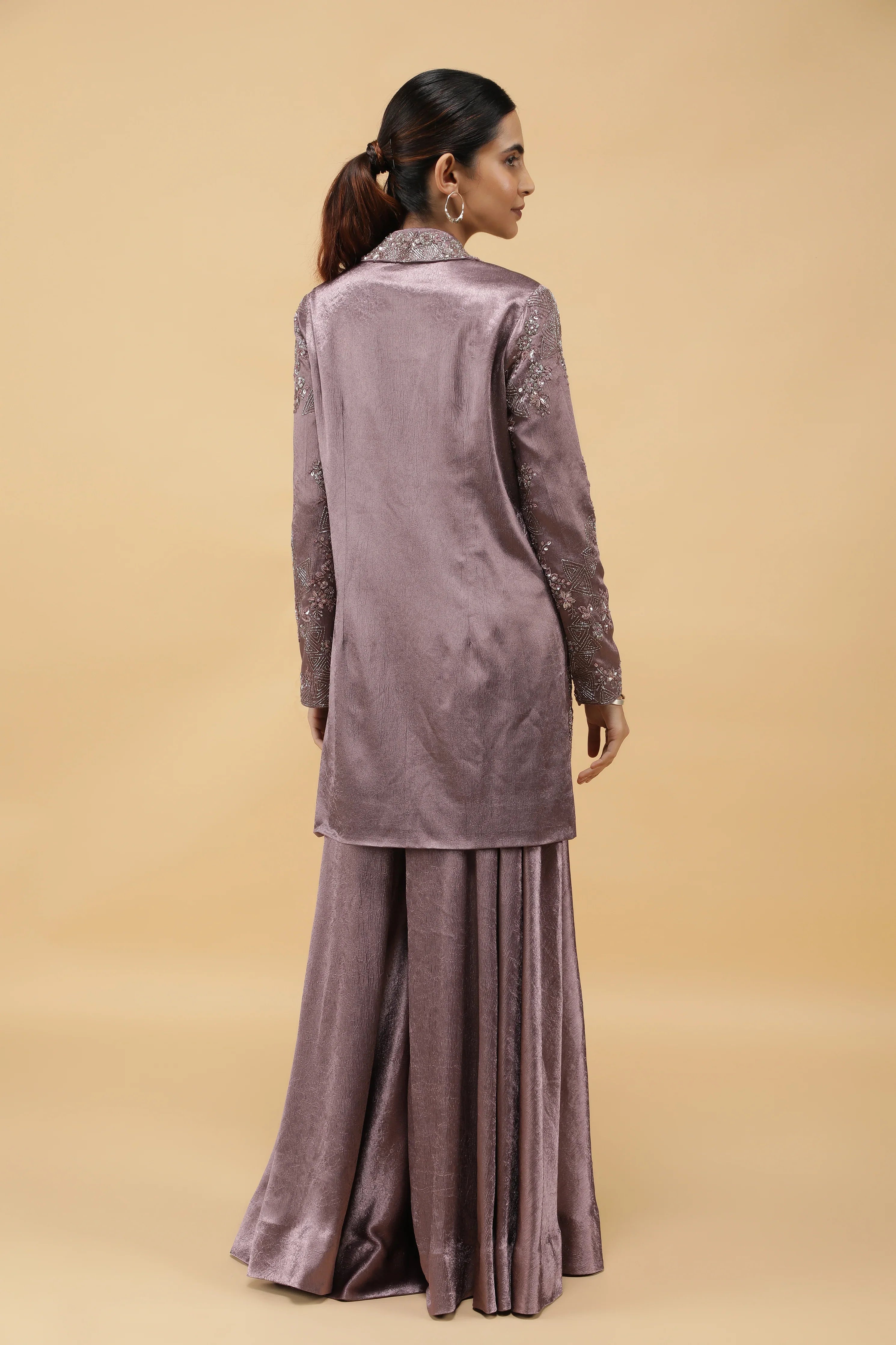 Mauve Textured Silk Embroidered Jacket Set - Mokshaa